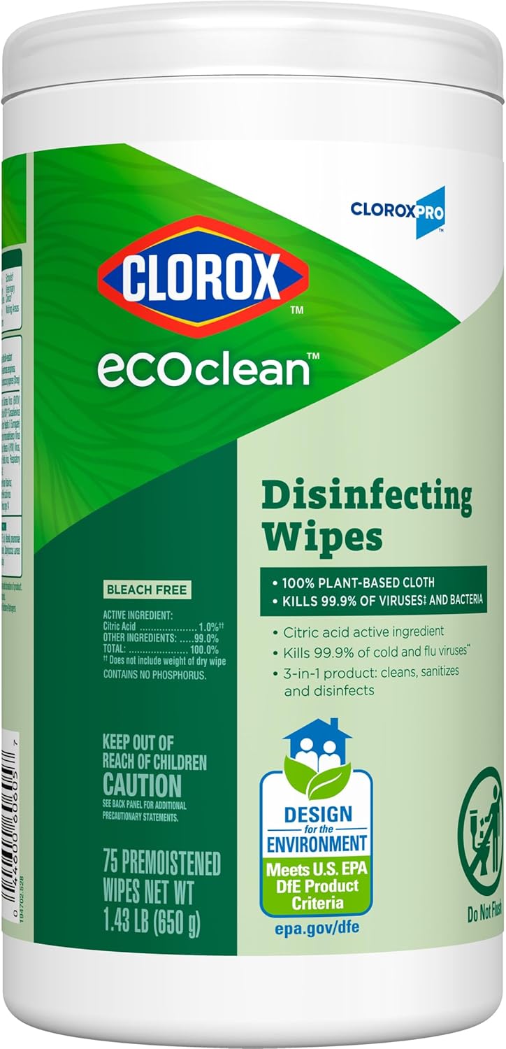 CloroxPro Clorox EcoClean Disinfecting Wipes, Multipurpose 100% Plant Based Cleaning Cloths, Antibacterial Disinfectant, Safe for Multi Surface Use, 75 Count (Pack of 6) - Image 12