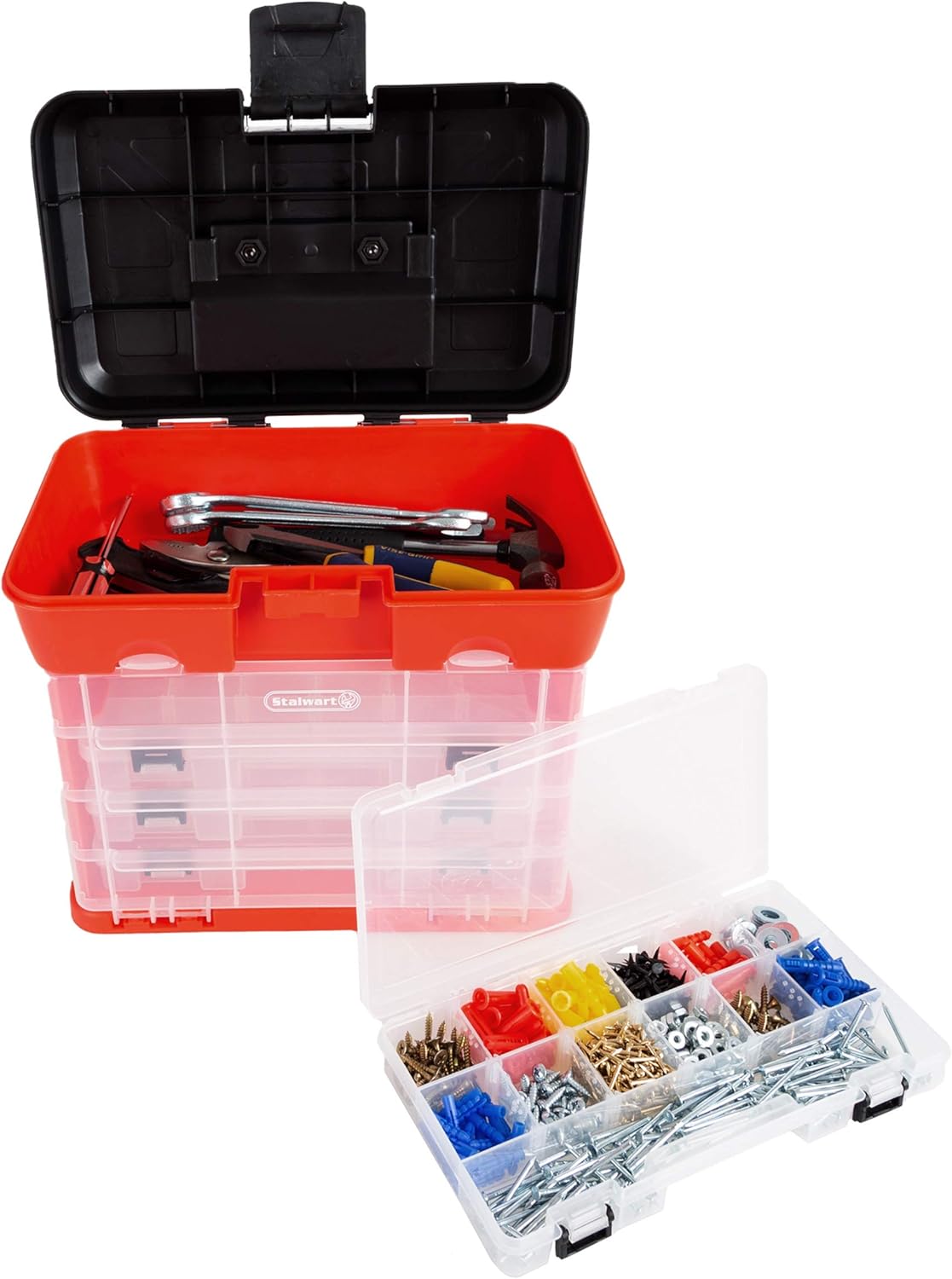Portable Tool Storage Box - Small Parts Organizer with 4 Multi-Compartment Trays for Fishing Tackle, Hand Tools, or Craft Supplies by Stalwart - Image 5