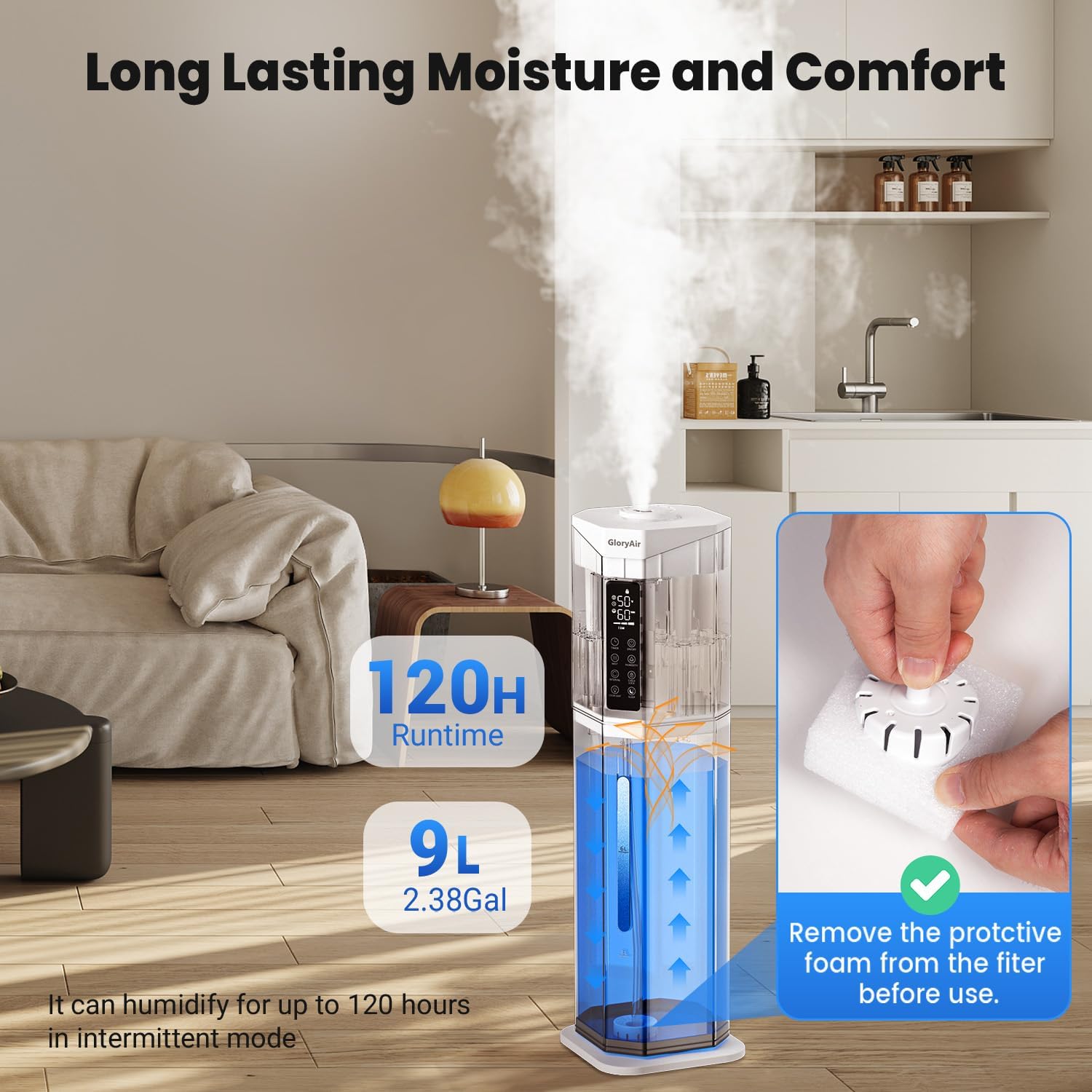 Humidifiers for Bedroom - GloryAir 2.38Gal/9L Top Fill Cool Mist Humidifier for Large Room 500ft² 120H Last with Auto Mode 7-Color Light Humidistat Aroma Box Quiet Humidifiers for Plants Baby & Adults - Image 4