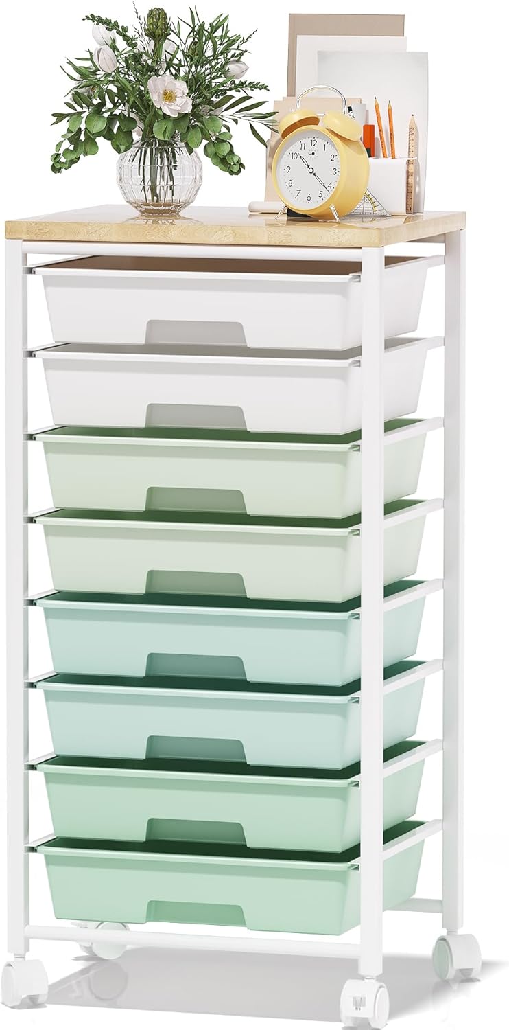 Rolling Cart with 8 Drawers, Storage Drawers Cart with Wooden Tabletop and Lockable Wheels, Craft Storage for Living Room, Office, Classroom, Craft Room, Bedroom - Image 9