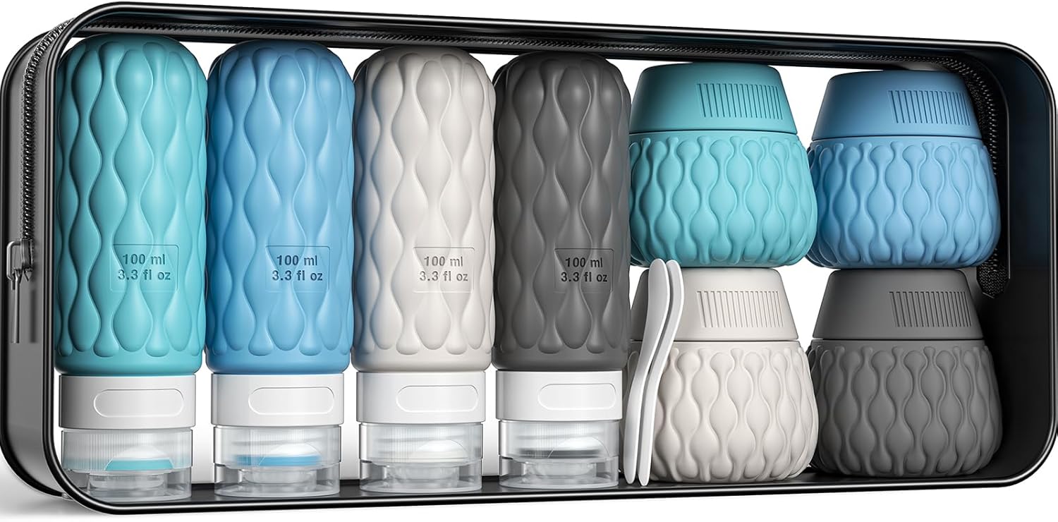 Silicone Travel Bottles for Toiletries 8 Pack Travel Size Toiletries 3.4 oz 1.7 oz, Leakproof Squeeze Travel Size Containers Refillable Cosmetic Jars Set for Shampoo, Conditioner, Creams