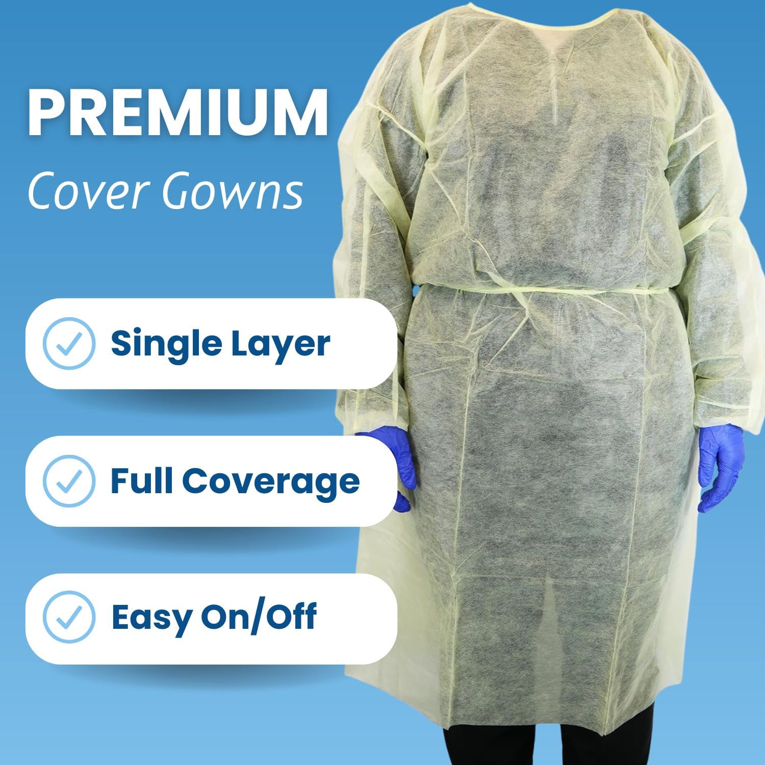 HCS PPE Gowns - Disposable Gowns, Medical - Single Layer, Spunbound Isolation Gown Disposable - Elastic Cuffs, Neck & Waist Tie - Home, Clinic, Dentist, Hospital - Yellow Cover Gown, Large (10 Pack) - Image 2