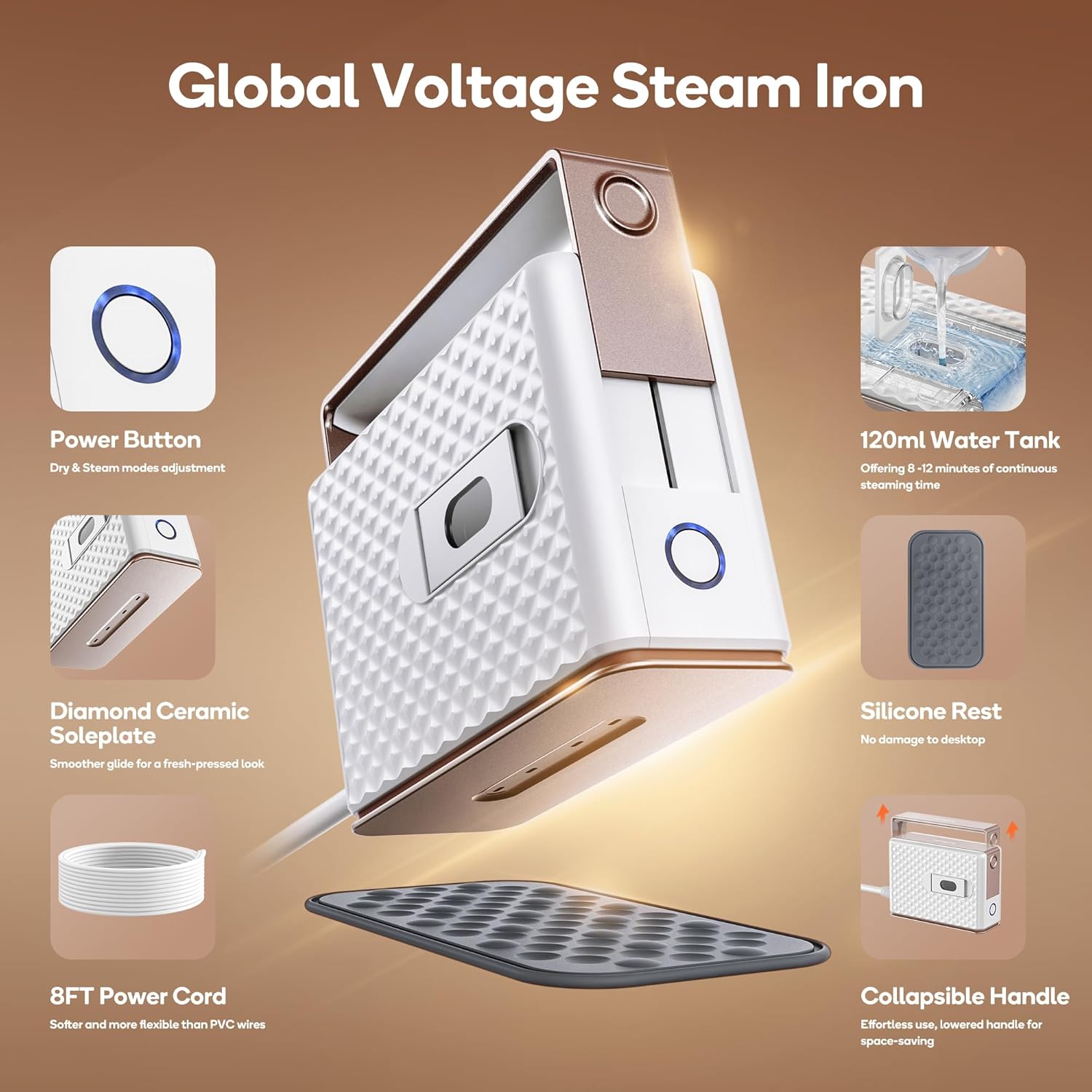 Newbealer Travel Steam Iron for Clothes, Global Voltage 100-240V Handheld Steamer, 293℉ Dry Ironing, Non-Stick Ceramic Soleplate, Horizontal & Vertical Steaming, Auto-off, Silicone Rest & Zipper Bag - Image 2