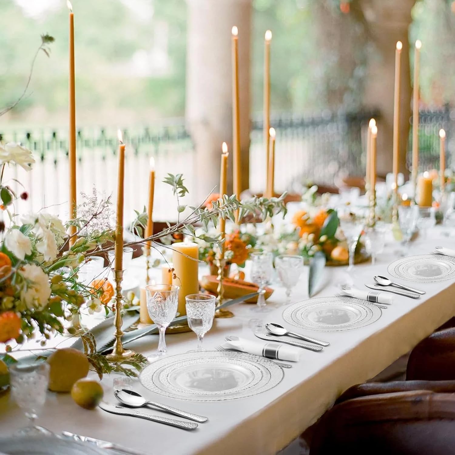 350PCS Clear Plastic Plates with Silver Trim for 50 Guests, Disposable Dinnerware Set for Party & Wedding, Includes 100 Plastic Plates, 50 Pre Rolled Napkins with Silver Silverware, 50 Cups - Image 6