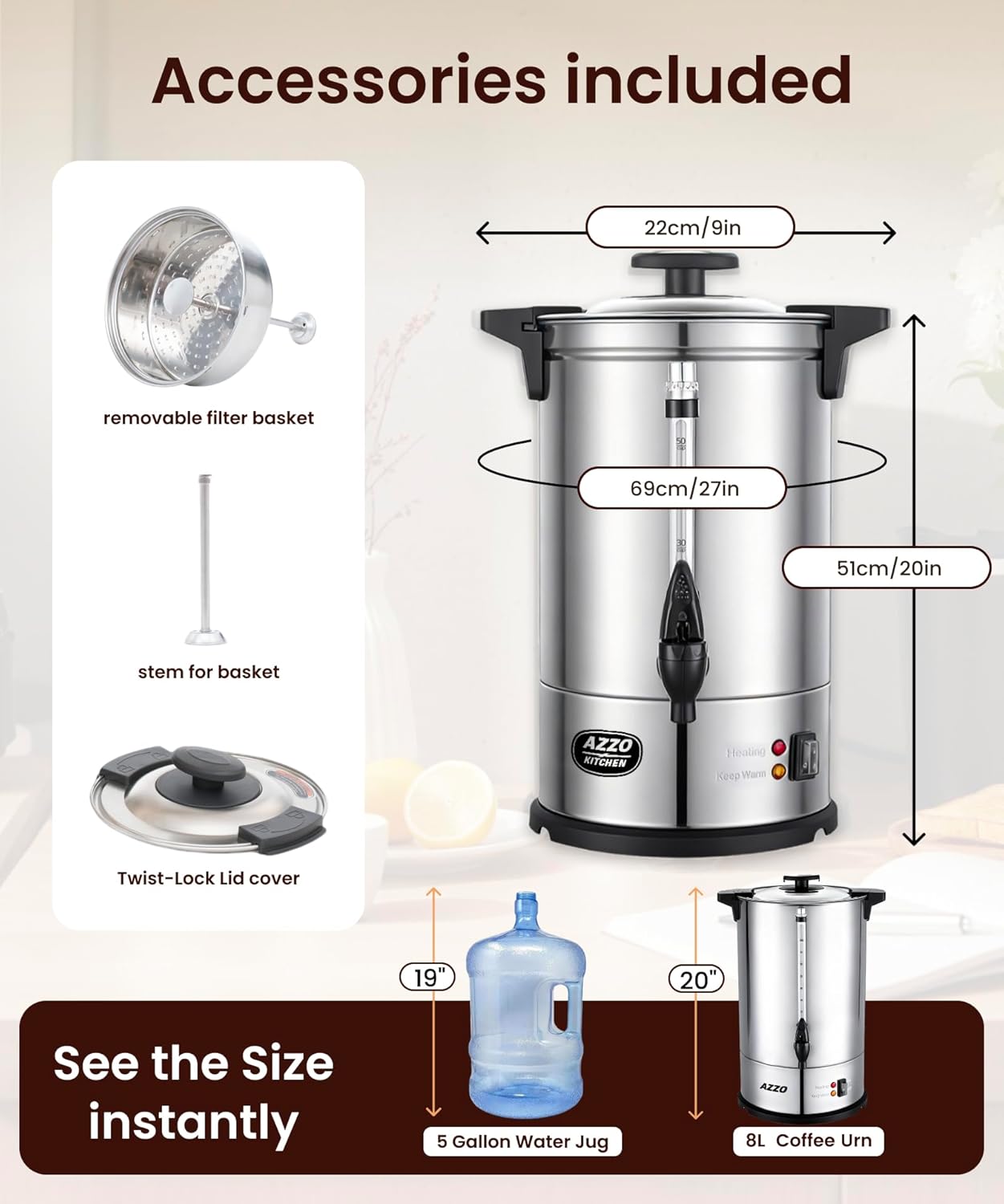 Commercial Coffee Maker 50-Cup Large Coffee Urn with Percolator Coffee Pot Electric 8L Stainless Steel Fast Brew Hot Water Dispenser for Tea Catering Events Home Office Easy Cleaning - Image 5