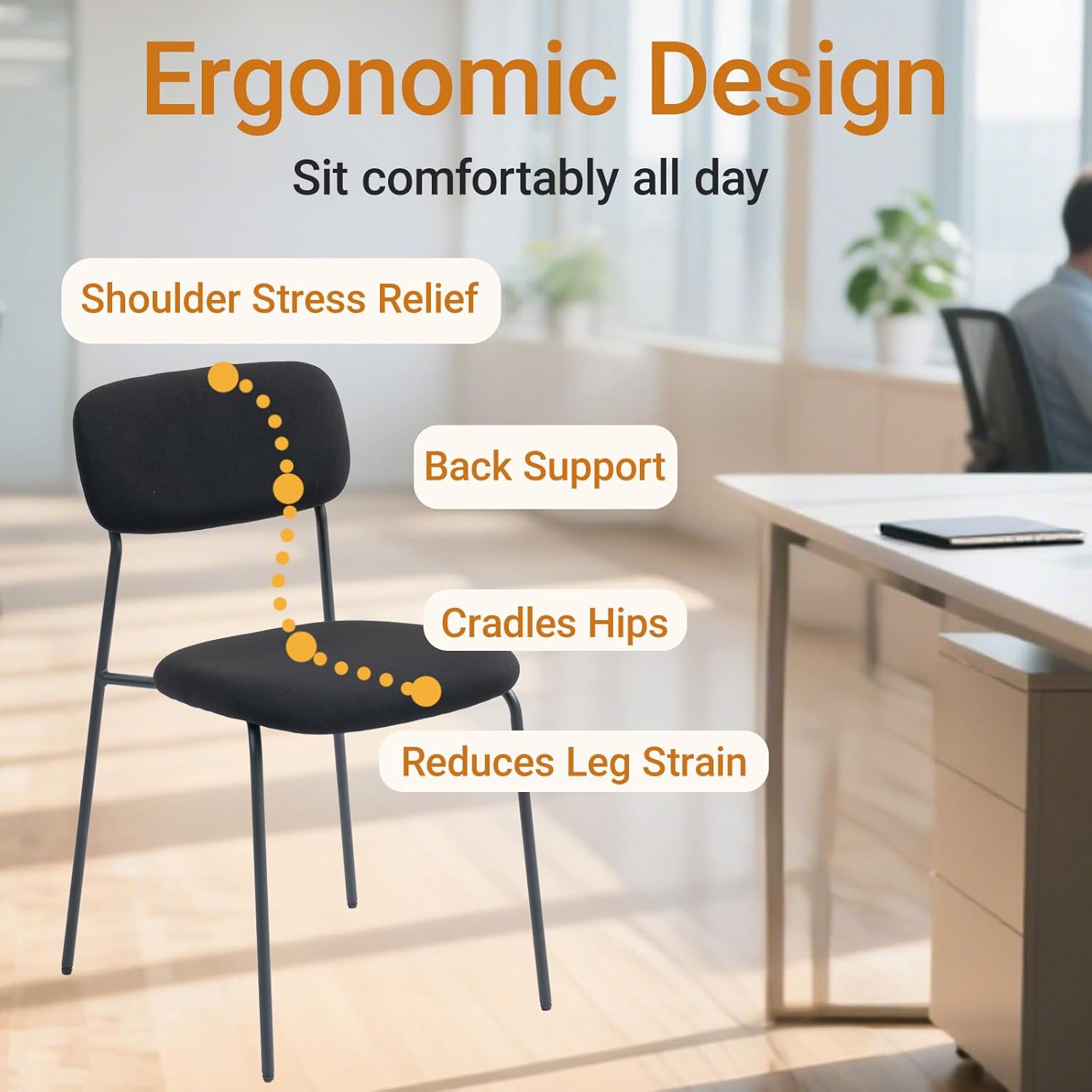 Sidanli Stackable Waiting Room Chairs, Armless Upholstered Guest Chairs Set of 4 with Comfotable Cushion for Conference Reception Break Room Lobby, Black - Image 6