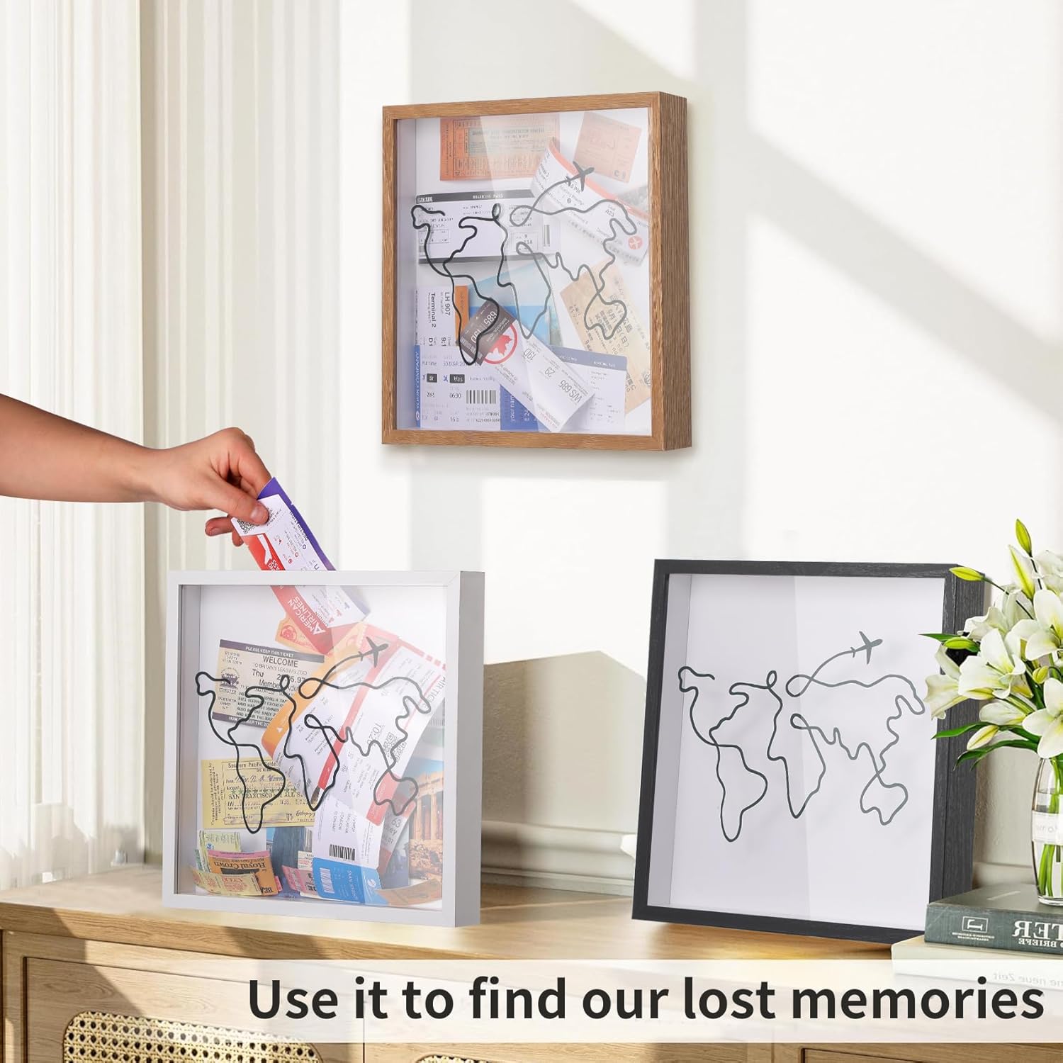 Travel Adventure Archive Shadow Box For Memories,8&12Inch Concert Travel Ticket Stub Memory Top Loading Shadow Keepsake Box With Slot On Top,life In a Shadow Box Travel Frame (White, 8x8) - Image 3