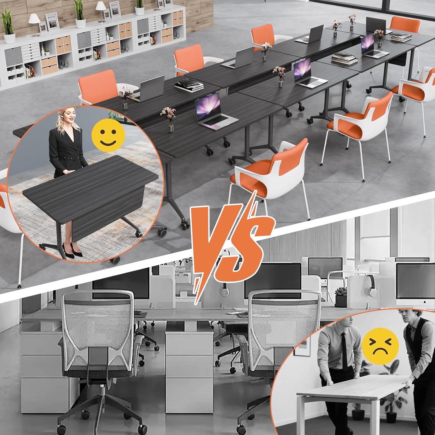 Folding Conference Room Tables,Mobile Training Table with Wheels - Rectangular Large Business Seminar Furniture Tables for Office,Meeting Room,School,Wooden (6, Black A, 61IN) - Image 3