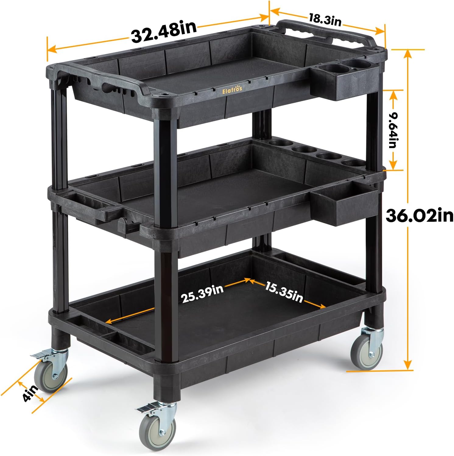ELAFROS Multi-Use Utility Cart - 32.4x18.3 Heavy-Duty Service Cart with 3 Deep Shelves, Industrial-Grade Tool Cart Mobile Organizer, Rolling cart Holds up to 500 lbs, Black - Image 2