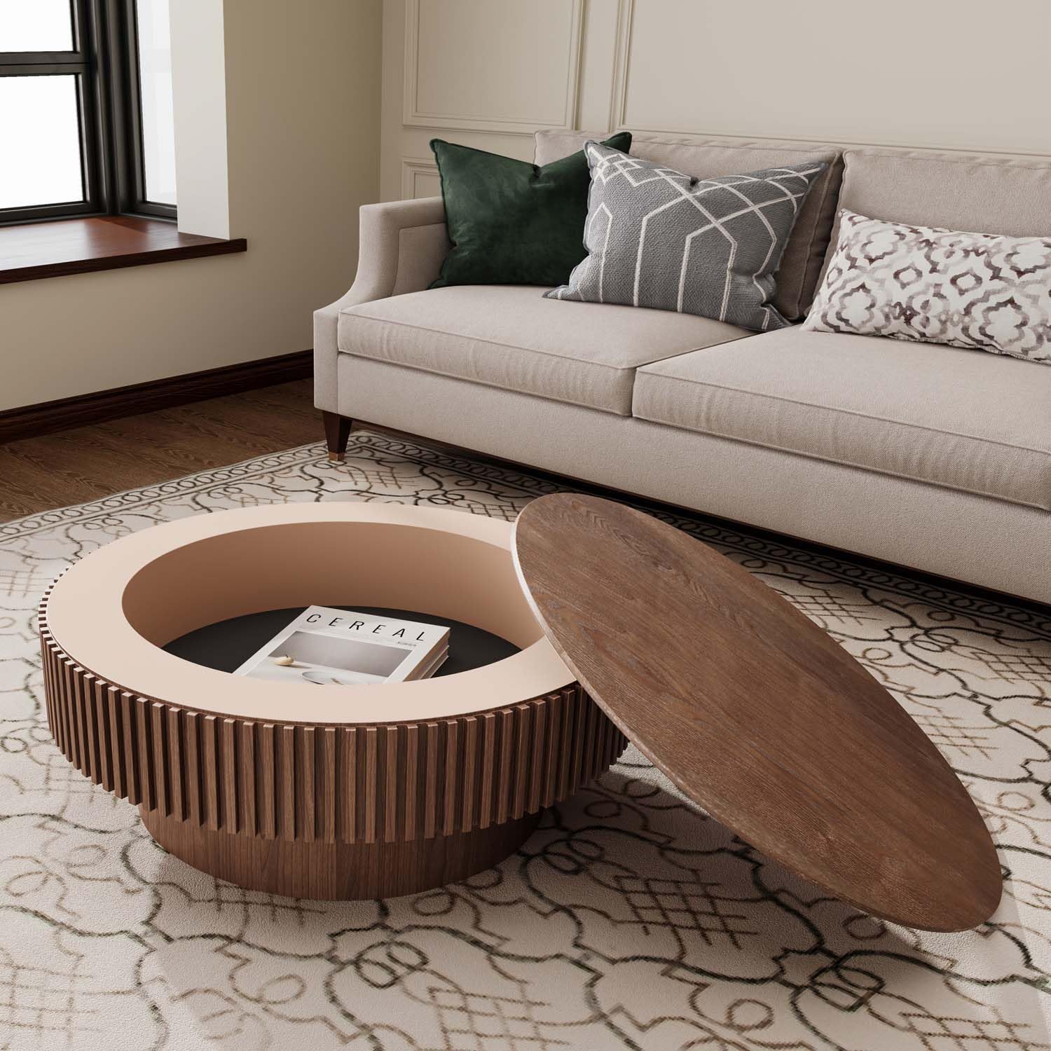Round Coffee Table with Storage, Modern Wooden Coffee Table with Solid Wood Veneered, Circle Center Table Accent Tea Table for Living Room Apartment Small Space (31.5''L × 31.5''W × 14''H, Walnut) - Image 3