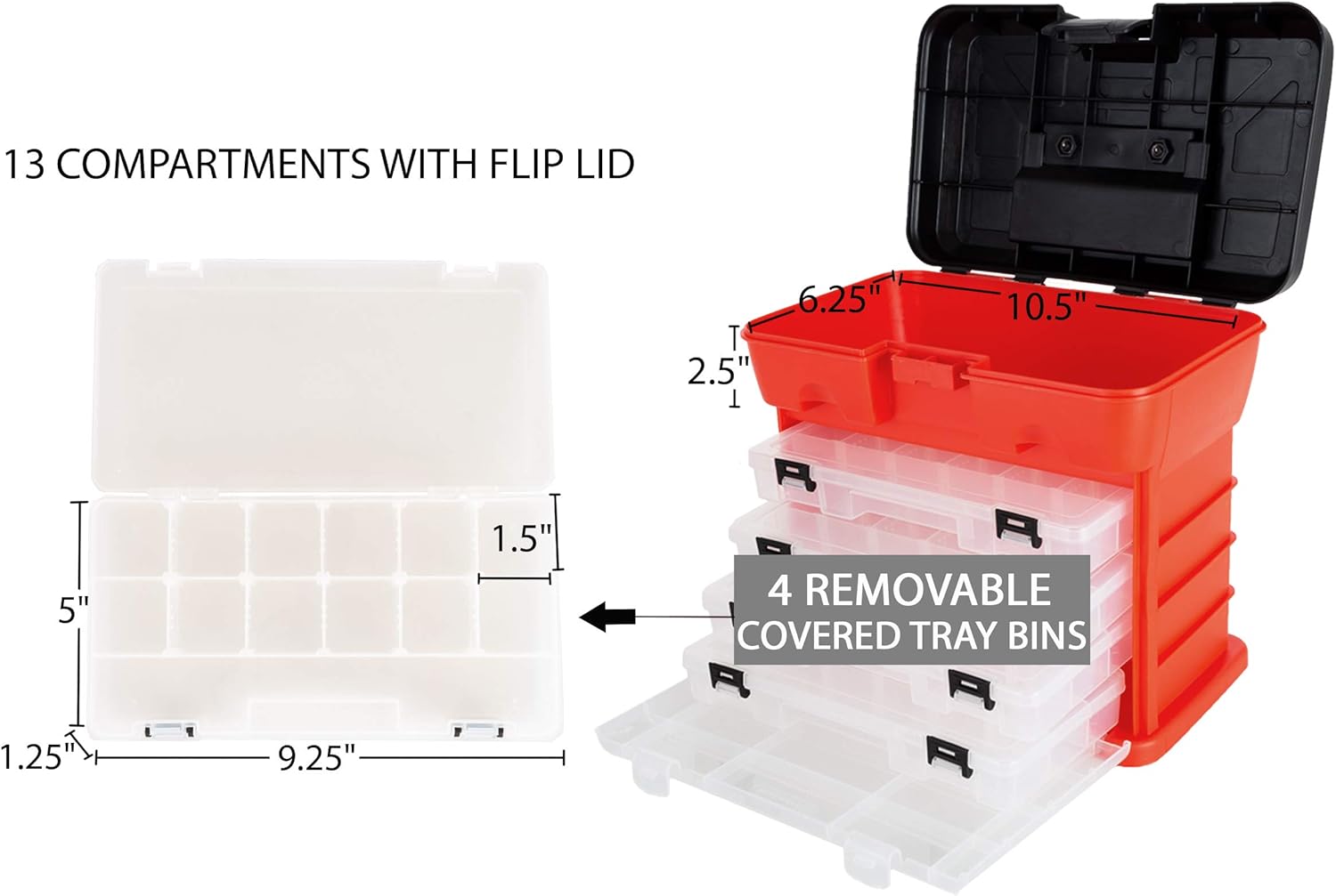 Portable Tool Storage Box - Small Parts Organizer with 4 Multi-Compartment Trays for Fishing Tackle, Hand Tools, or Craft Supplies by Stalwart - Image 3