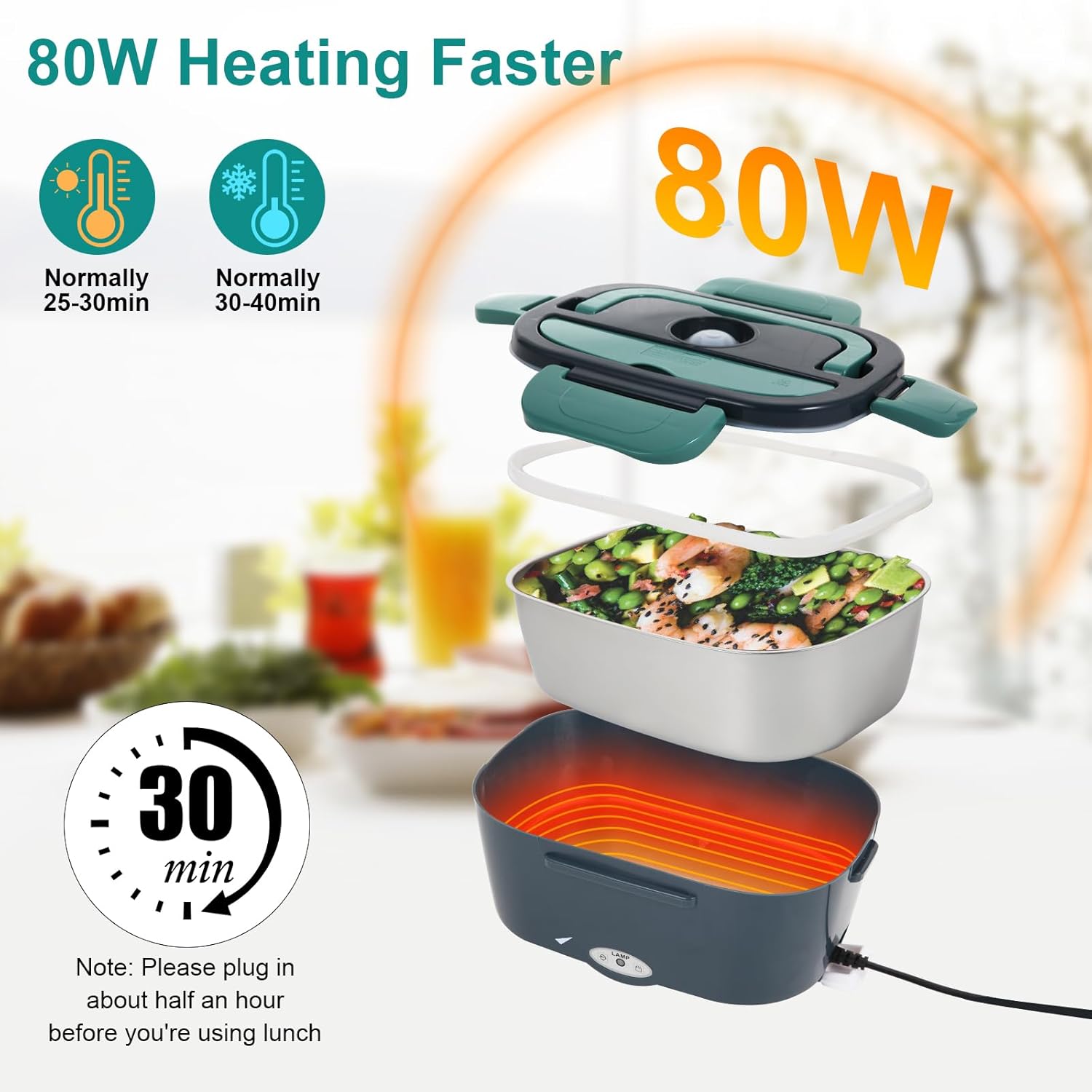 Electric Lunch Box Food Heater, 80W Portable Warmer for Car Truck Work with 304 Stainless Steel Container, 12V/24V/110V Green Heated Lunch Box Suitable for Ideal Driver/Work/Gift - Image 2