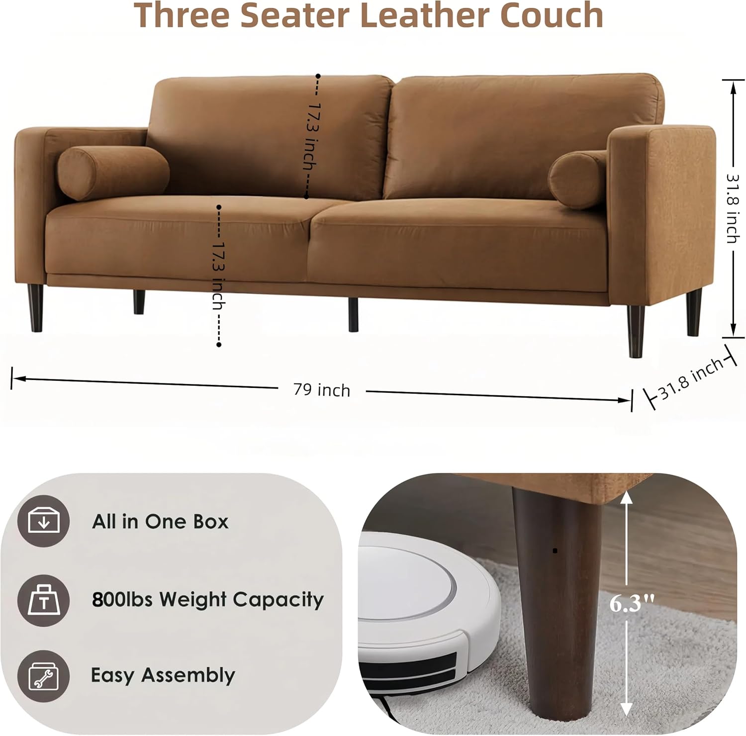 HIFIT Sofa Couches, 79” Mid-Century Modern Couch, Breathable Faux Leather Couch with Upholstered Cushions/Pillows, 3-Seat Sofas & Couches, for Living Room Apartment Office, Brown - Image 2