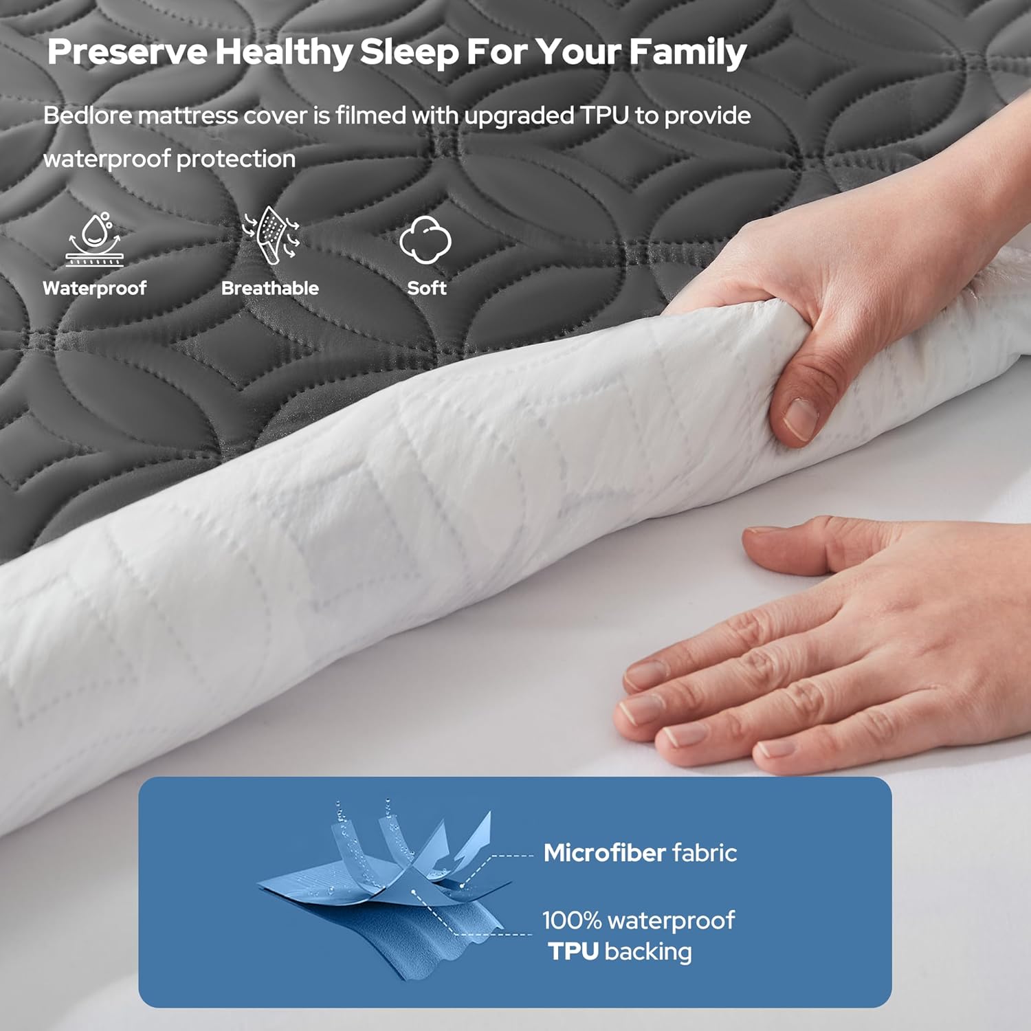 BEDLORE Waterproof Mattress Protector, Queen Size Mattress Pad Noiseless with Deep Pocket 6"-18" Depth, Soft Breathable Dirt-Proof Bed Mattress Cover Washable for Home, Bedroom, Hotel (Gray) - Image 2