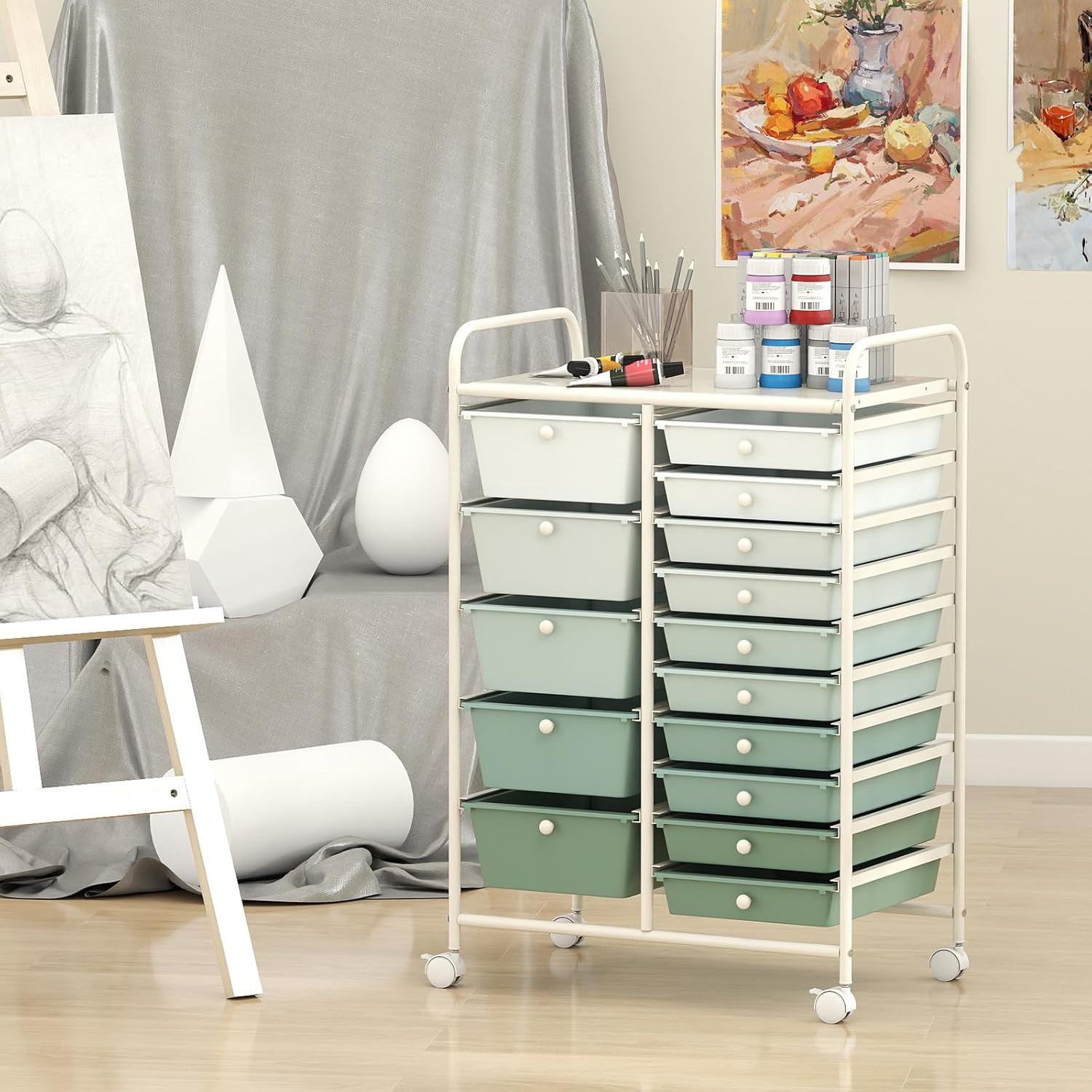 LDAILY 15 Drawer Rolling Storage Cart, Rolling Cart with Drawers for Classroom, Art Supply Craft Organizer on Wheel with Metal Frame & Handles for Home Office School (Gradient Green, 15 Drawer) - Image 8