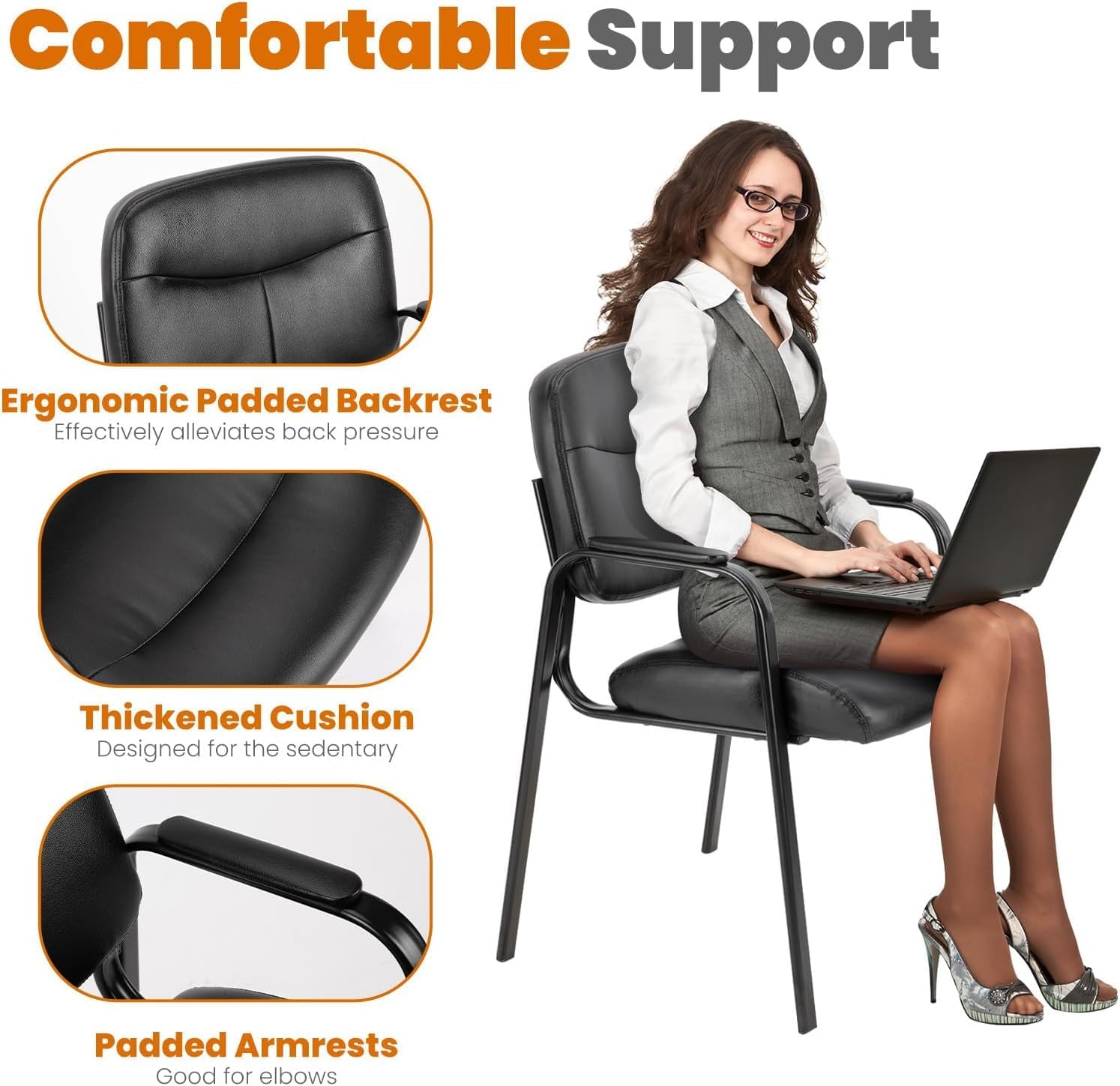 Sweetcrispy Office Reception Guest Waiting Room Chairs Set of 4, Leather Stationary Chair No Wheels with Padded Arms for Elderly Desk Conference Room Lobby, Inky - Image 4