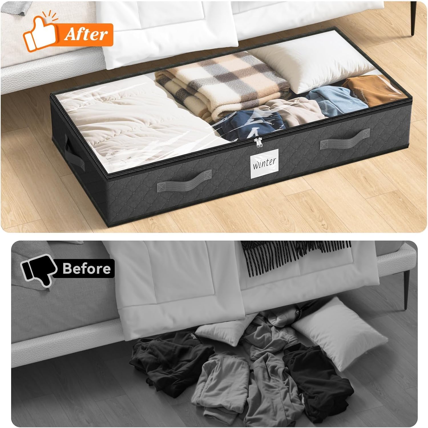 SpaceWhisper 90L Under Bed Storage Containers, 4-Pack Storage Bins with Clear Top, Foldable Closet Organizers and Storage with Label Holder for Clothing, Blankets, Comforter & Pillows (Grey) - Image 6