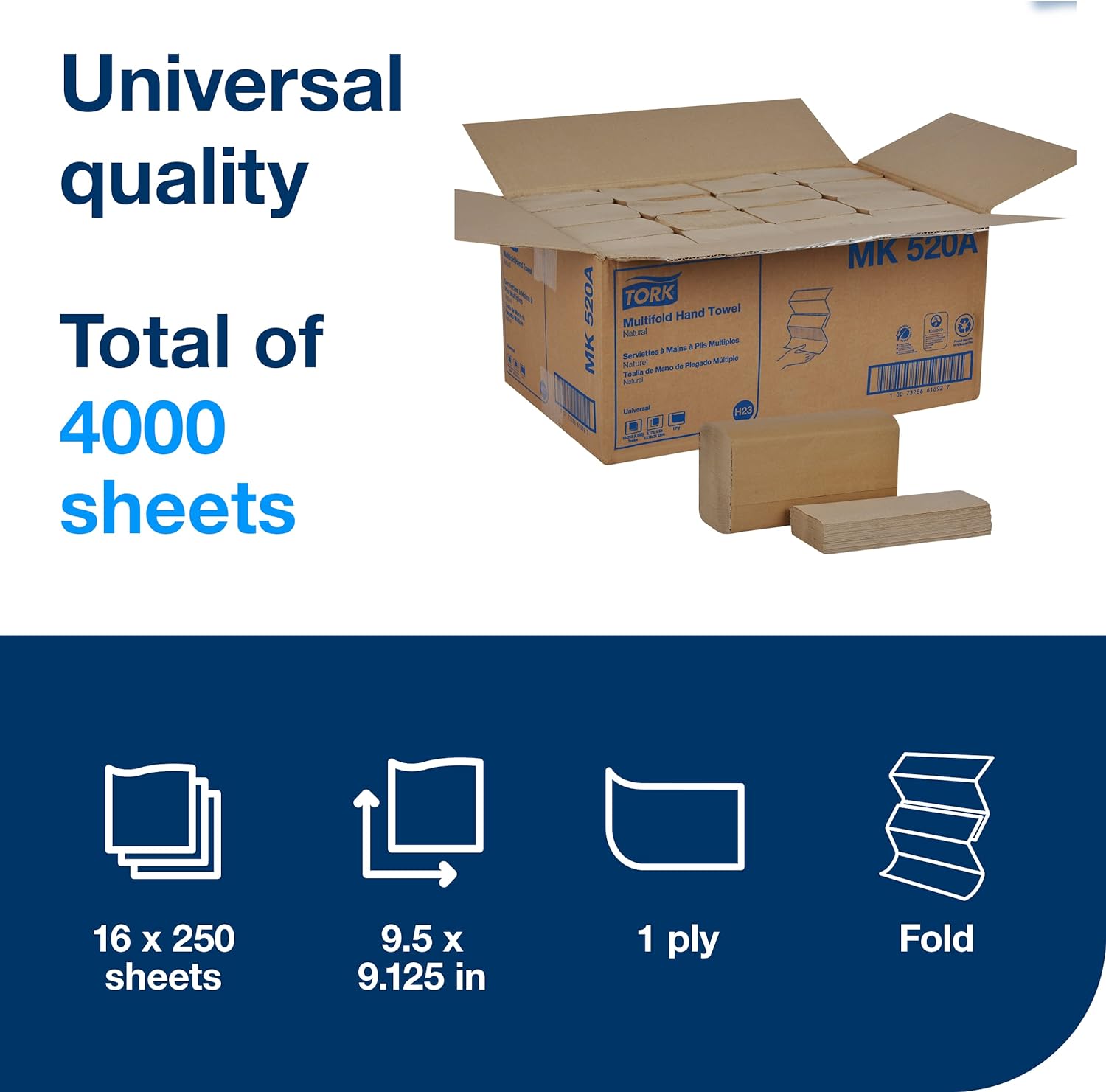 Tork Multifold Hand Towel, Natural, 100% recycled, FSC certified, Compatible with H2 Dispensers, 16 packs x 250 sheets (MK520A) - Image 2