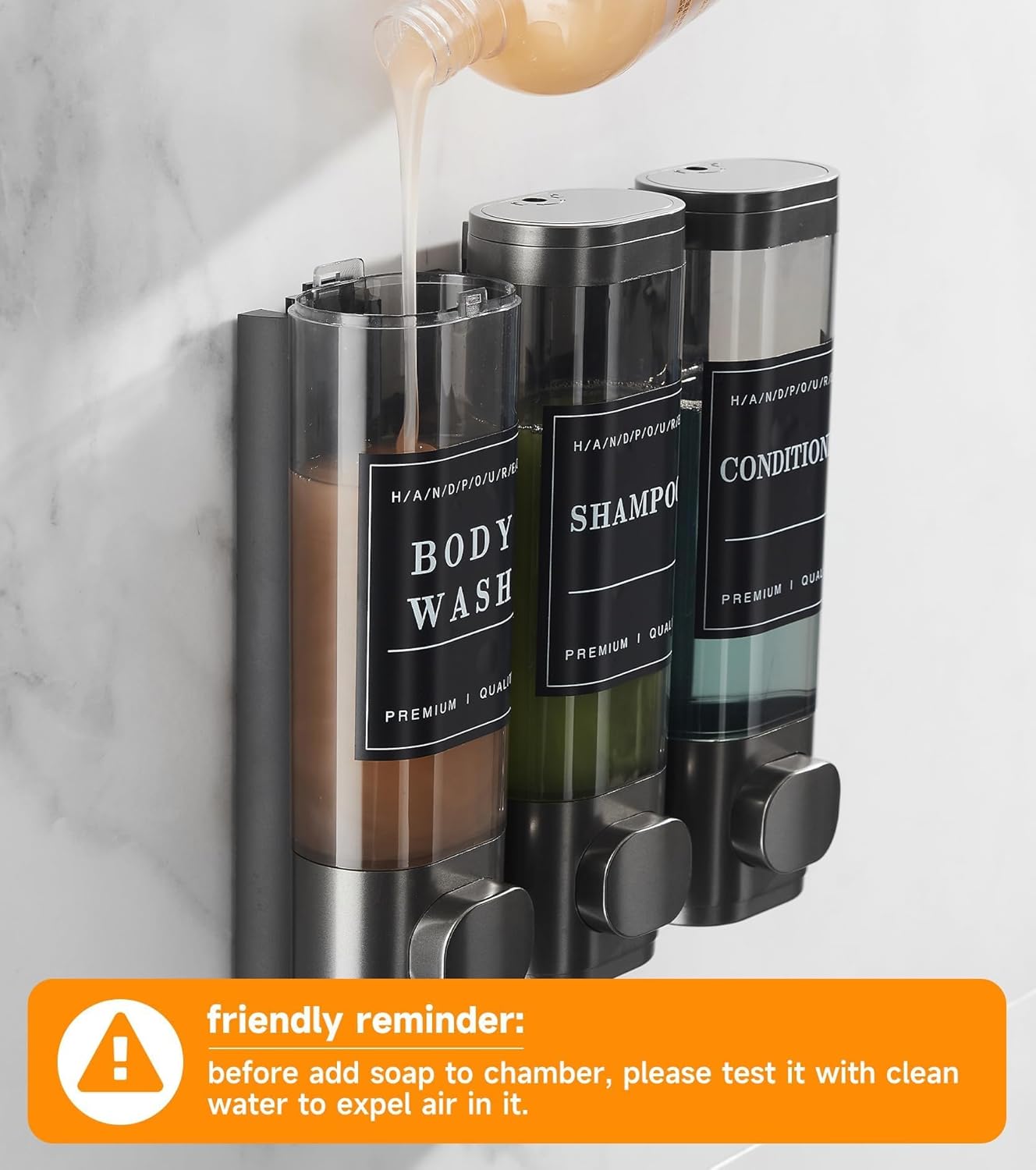 Shower Soap Dispenser Wall Mounted No Drill Shampoo Dispenser for Shower Wall Shampoo and Conditioner Dispenser Bathroom Hotel 3 * 300ml Gungray with Labels - Image 4