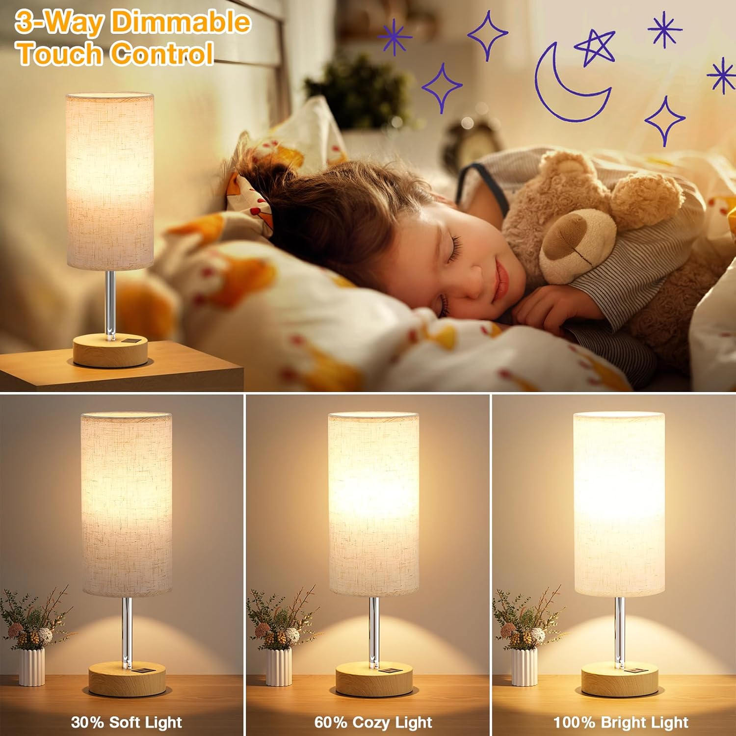 Dicoool Touch Bedside Table Lamp with USB - 3 Way Dimmable Wood Lamp for Bedroom Nightstand, Desk Lamp with Charging Station for Dorm, Living Room, Office, Kids Room, Small, 14in - Image 3