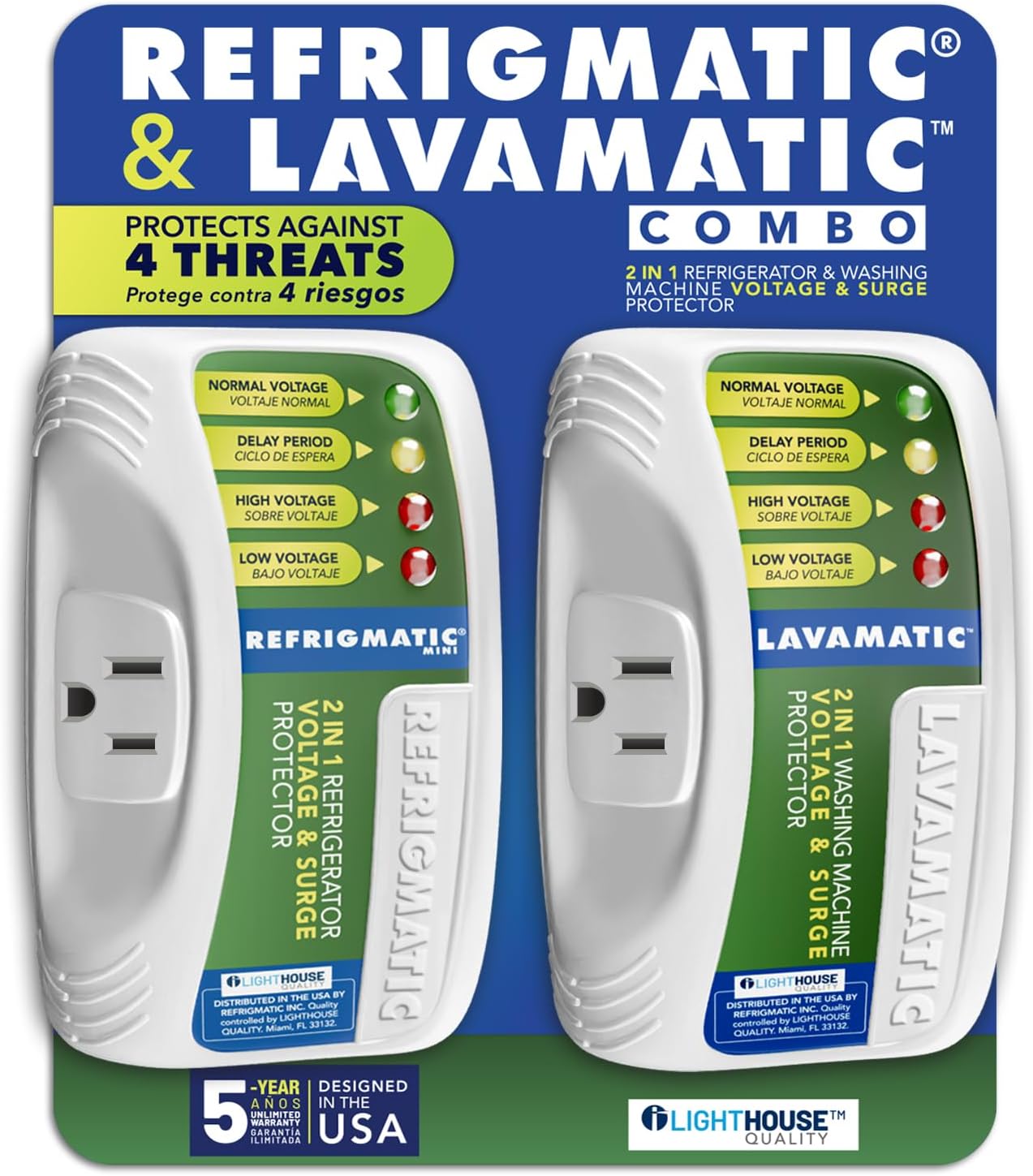 Two Electronic Voltage & Surge Protector Combo - Protect your Refrigerator and Washing Machine Against High and Low Voltage, Brownouts and Spikes
