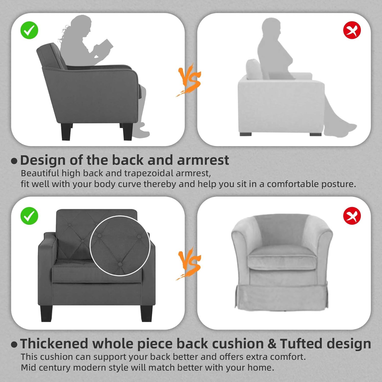 STHOUYN Living Room Chairs Grey Accent Chairs Set of 2, Waiting Room Arm Chairs, Reading Chairs for Bedroom Comfy Club Chair Tufted, Office Small Space (2, Grey) - Image 7