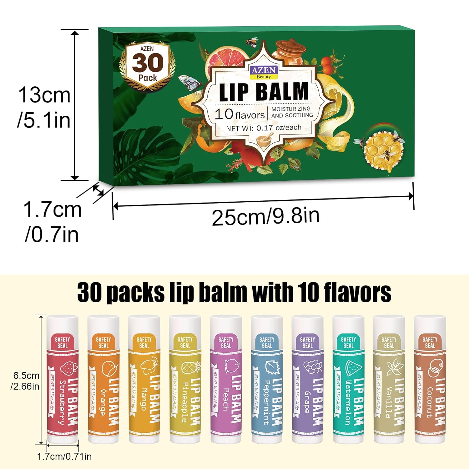 AZEN 30 Pack Lip Balm, Natural Lip Balm Bulk, Lip Care Product, Moisturizing Lip Balms for dry cracked lips, Valentines Gifts Easter Basket Stuffers - 10 Flavors - Image 8