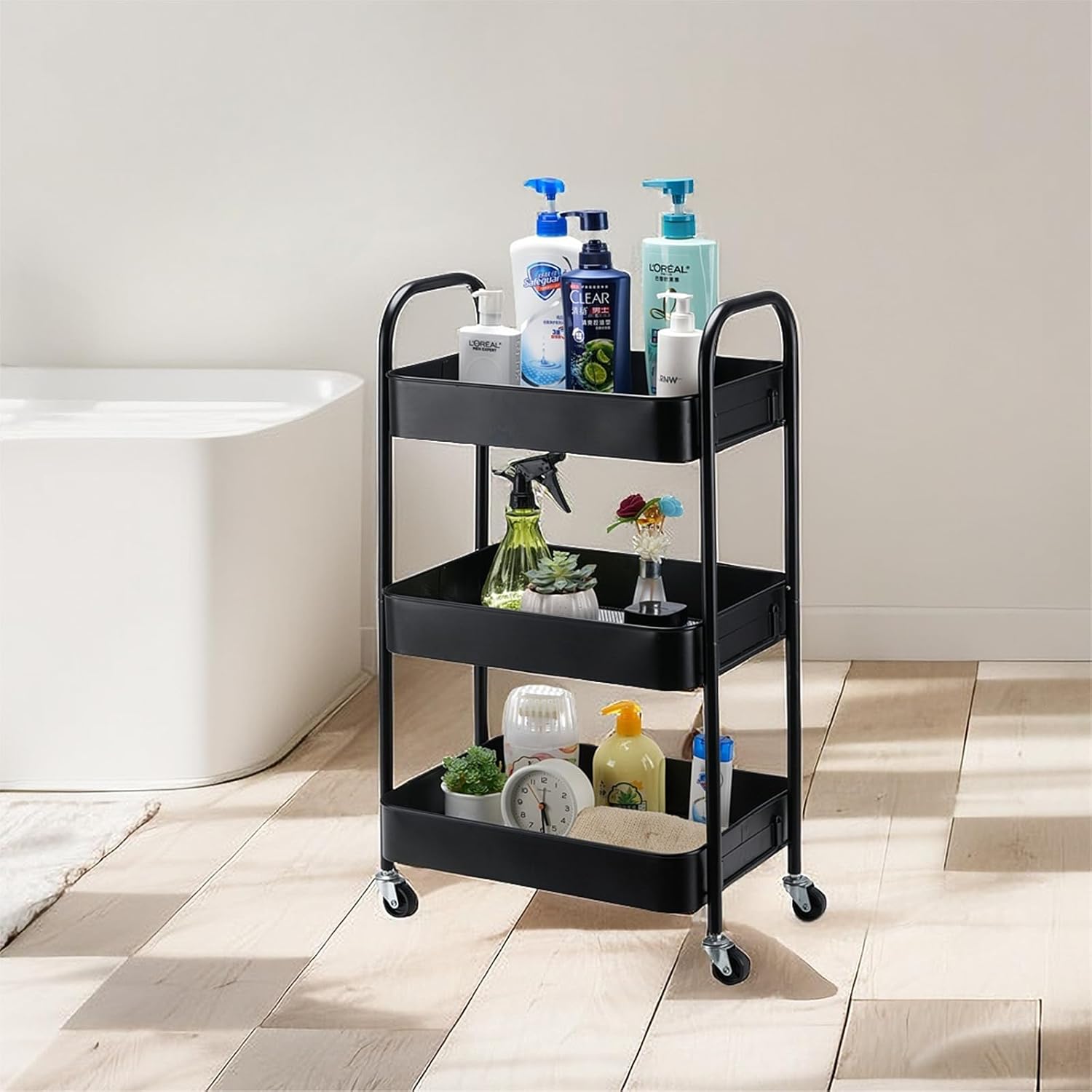 SETTFRFE 3 Tier Metal Utility Cart with Wheels,Rolling Storage Cart for Office,Dorm,Kitchen,Black - Image 8