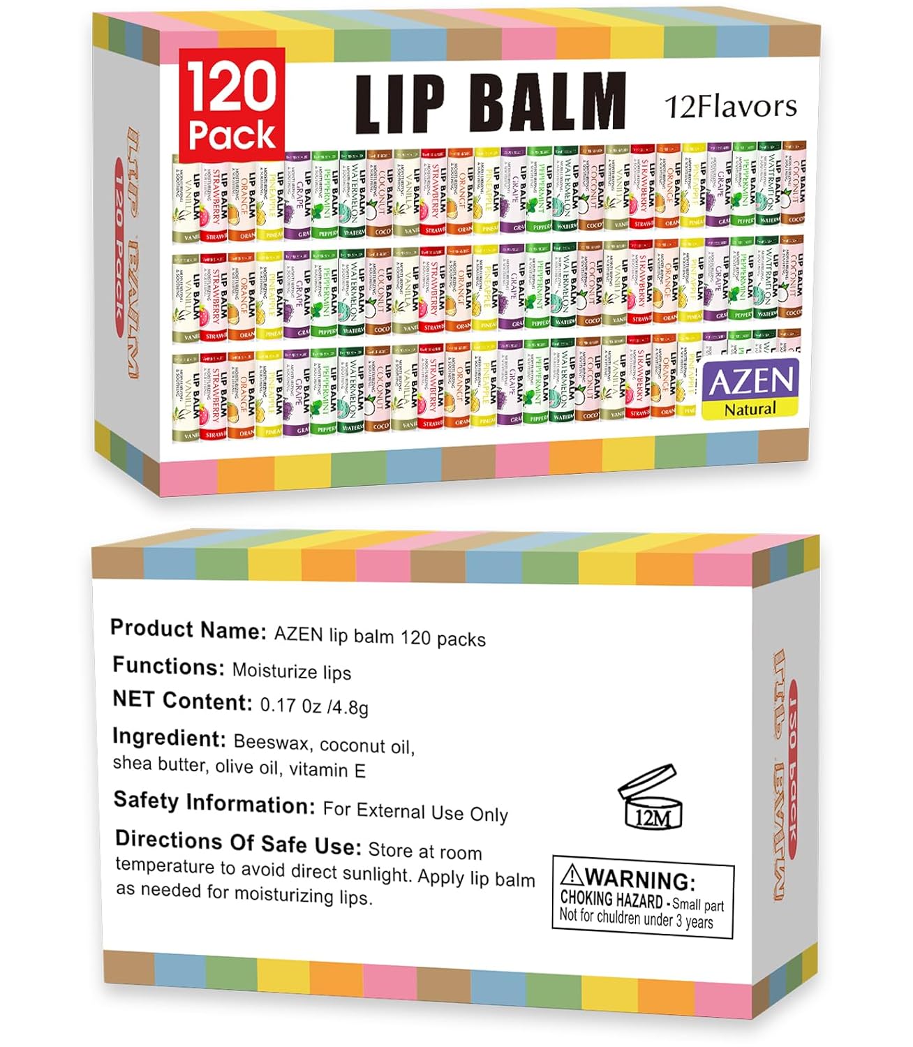 AZEN 120 Pack Lip Balm, Natural Lip Balm Bulk, Lip Care Product, Moisturizing Lip Balms for dry cracked lips, Valentines Gifts Easter Basket Stuffers - 12 Flavors - Image 8