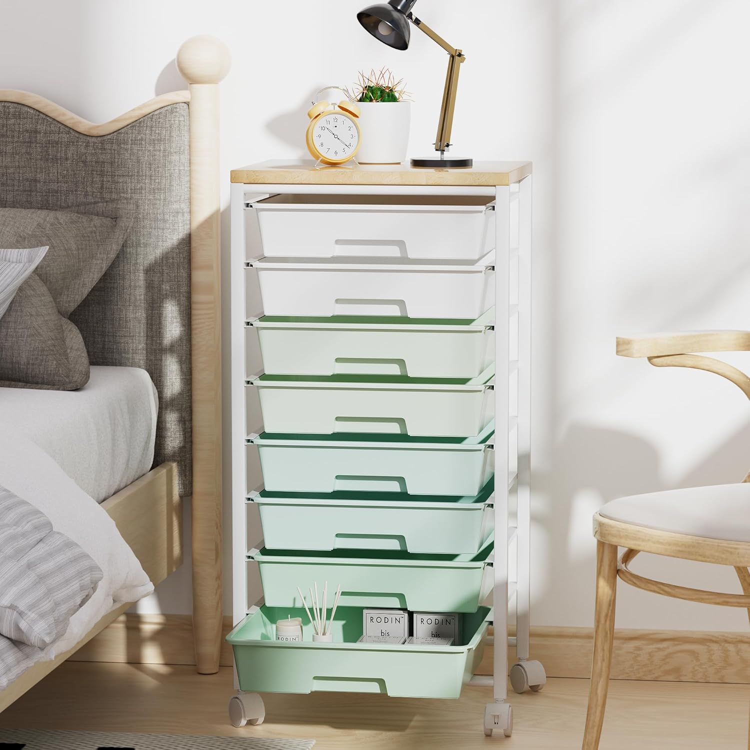 Rolling Cart with 8 Drawers, Storage Drawers Cart with Wooden Tabletop and Lockable Wheels, Craft Storage for Living Room, Office, Classroom, Craft Room, Bedroom - Image 7