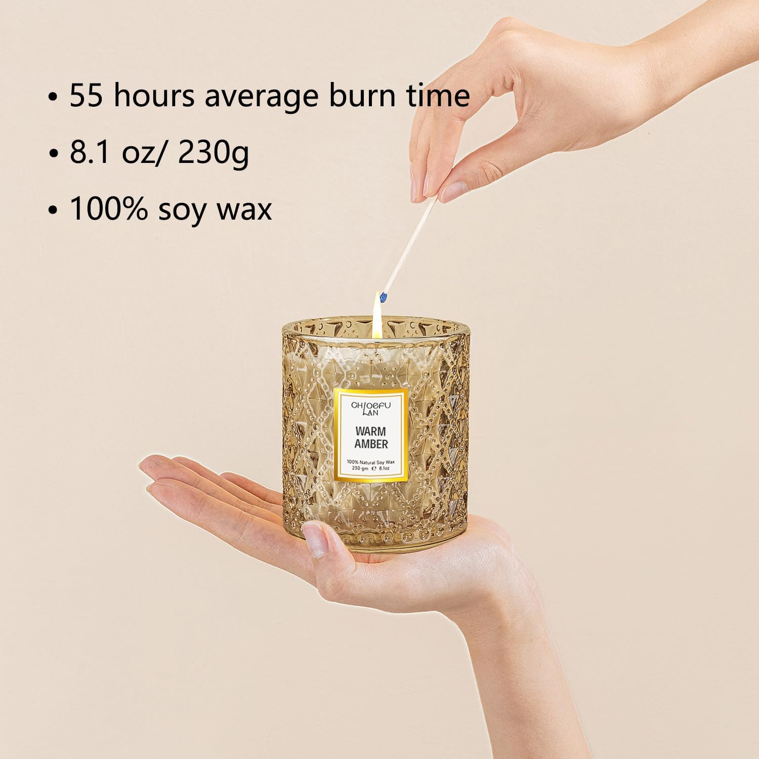 Chloefu LAN Amber Candles, Luxury Candle for Home Scented, Long Burning Time, Holiday Gifts, All Natural Soy Wax Decorative Candles, Scented Candle Gifts for Men&Women, 8.1oz - Image 2