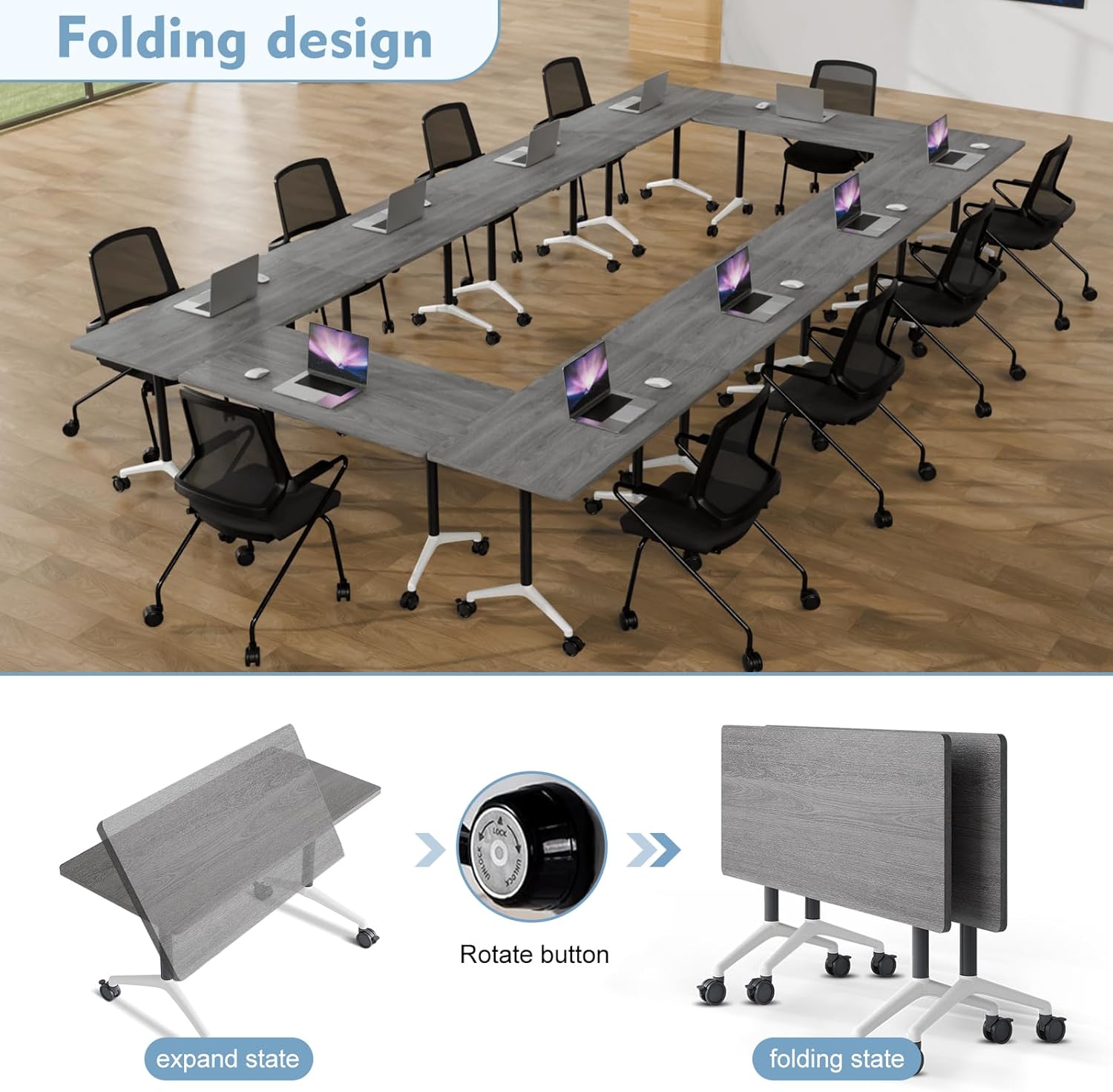 Folding Conference Room Tables,Mobile Training Table with Wheels - Rectangular Large Business Seminar Furniture Tables for Office,Meeting Room,School,Wooden (6, Gray, 61IN) - Image 5