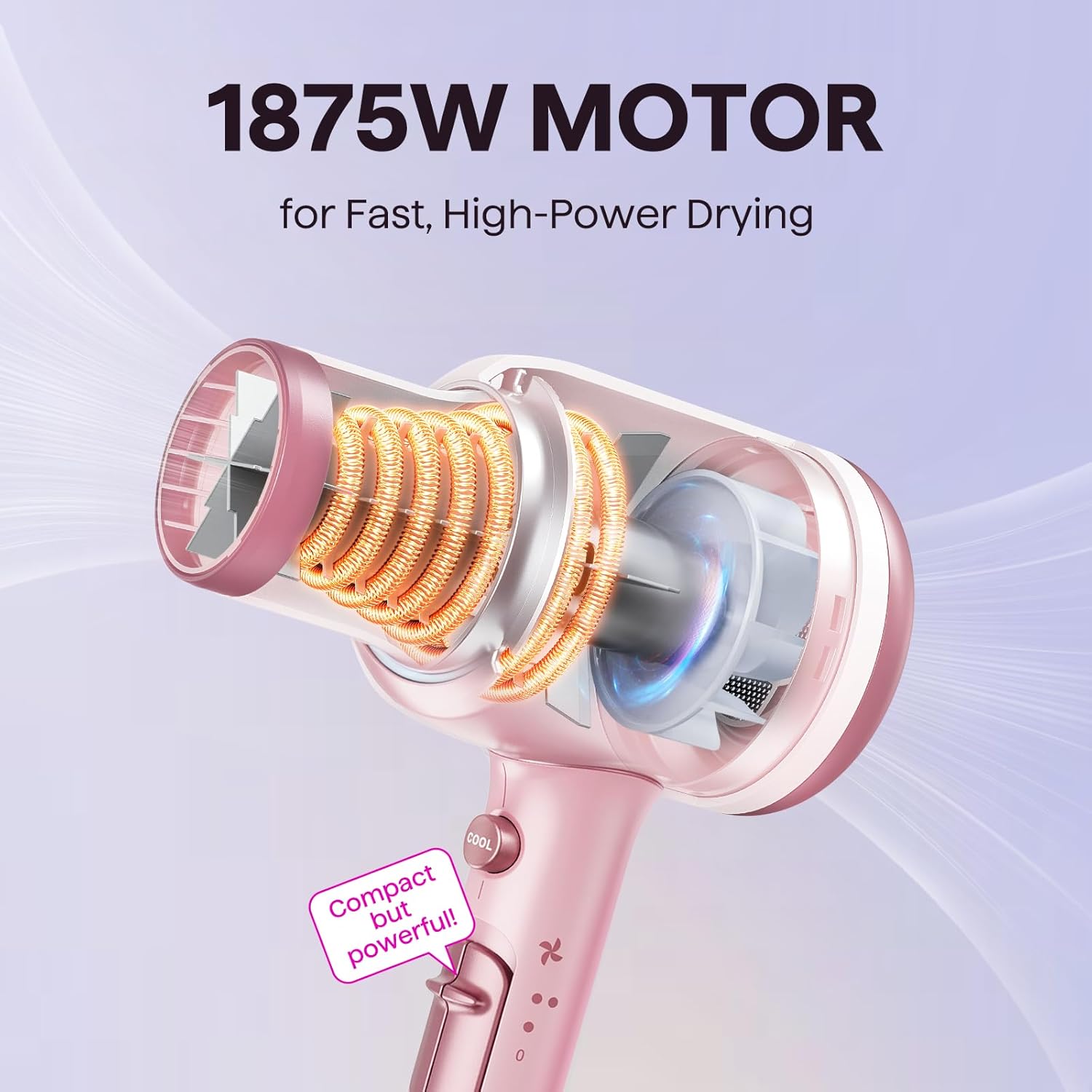 Wavytalk Hair Dryer with Diffuser, Blown Away Ionic Blow Dryer for Curly Hair with Comb, 1875W Fast Drying Hair Dryer with Ceramic Technology, 3 Attachments for All Hair Types, Light and Quiet, Pink - Image 4