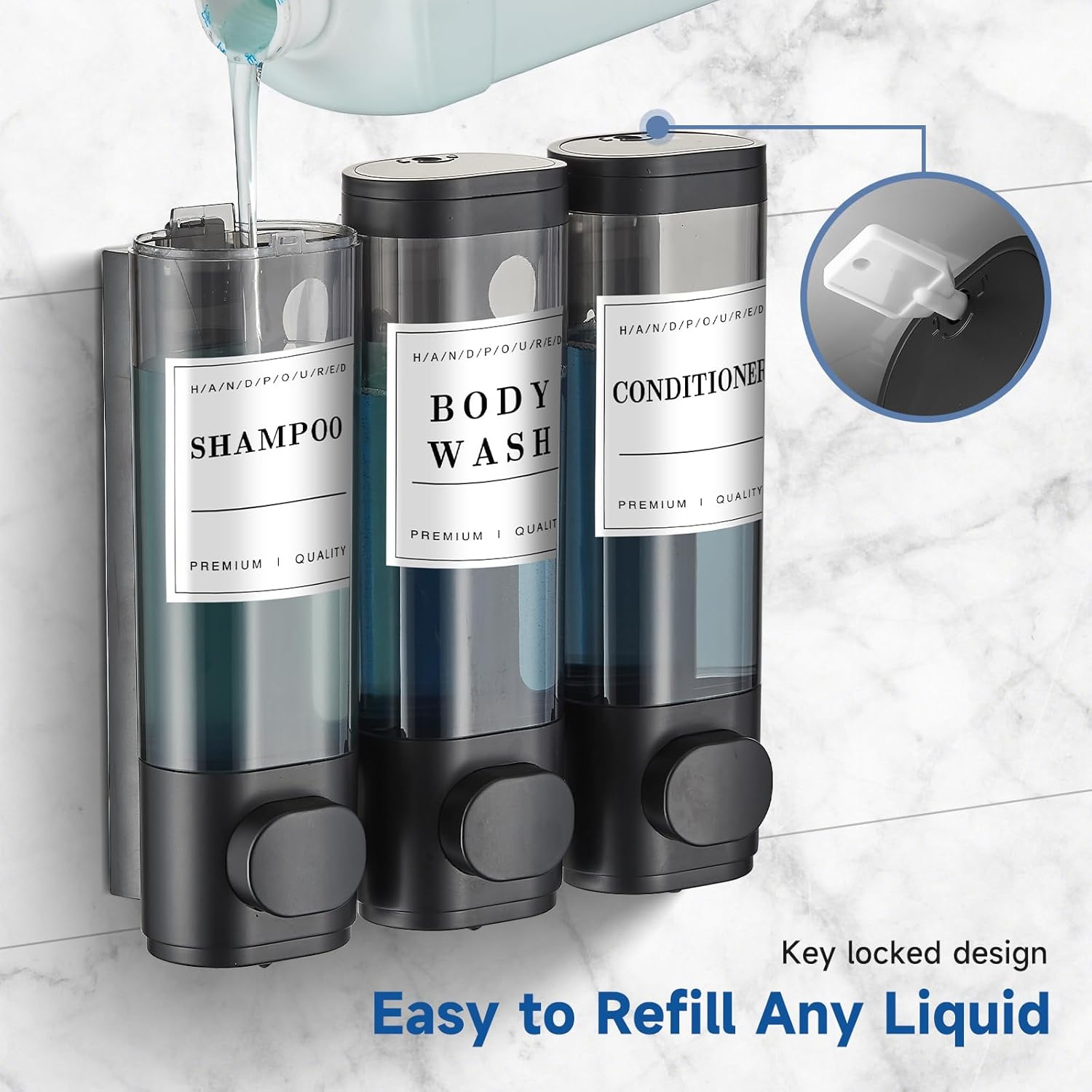 Shampoo and Conditioner Dispenser,Shower Soap Dispenser 3 Chamber No Drill Wall-Mounted Shampoo Dispenser for Shower Wall Mounted Shower Dispenser for Bathroom Hotel Large Capacity,Black - Image 5