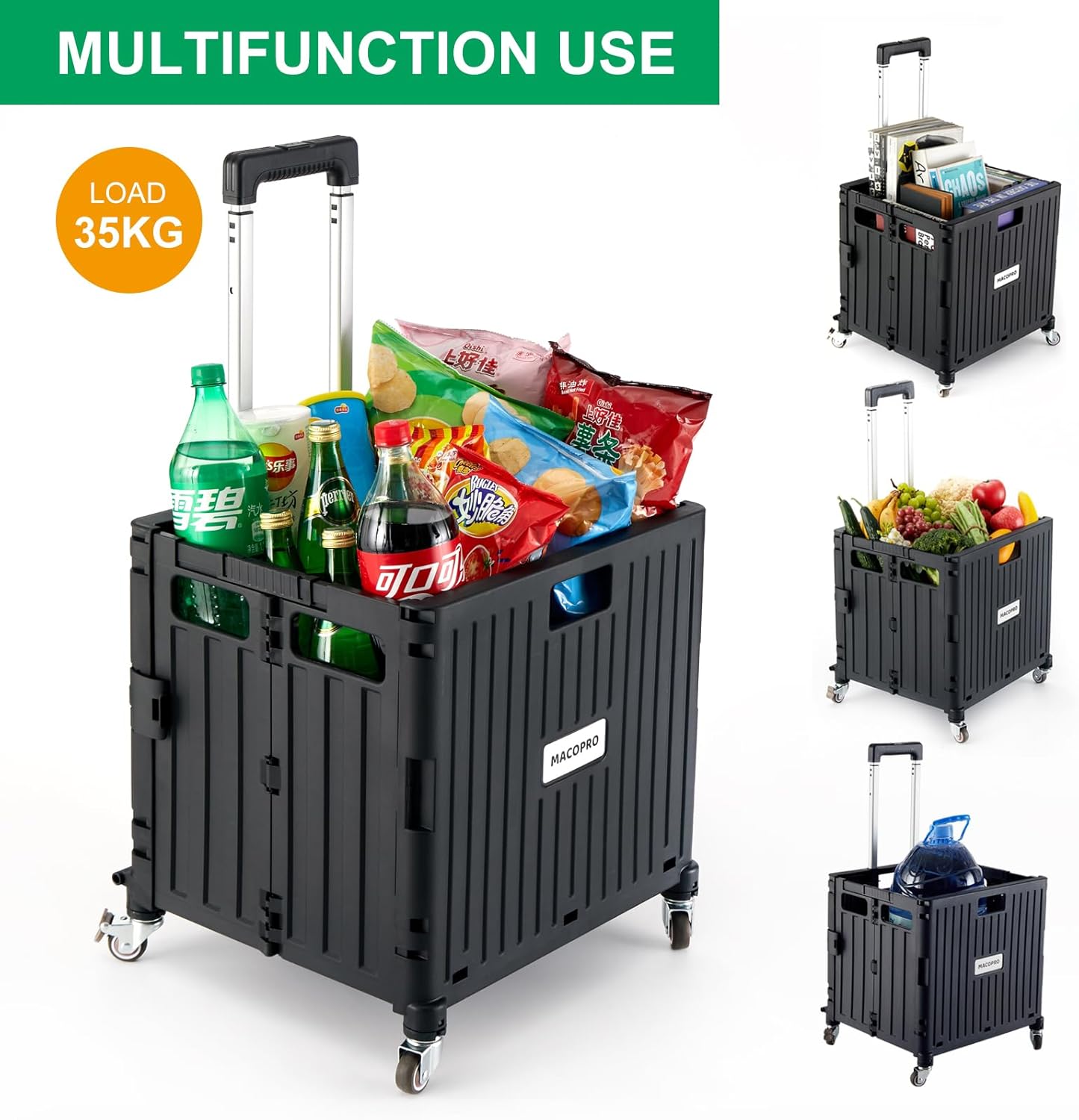 Folding Utility Cart Portable Rolling Crate Handcart Shopping Trolley Collapsible Tool Box, with Lid, Basket on 4 Rotate Wheels, for Grocery, Office, Luggage, Teacher (Black) - Image 2