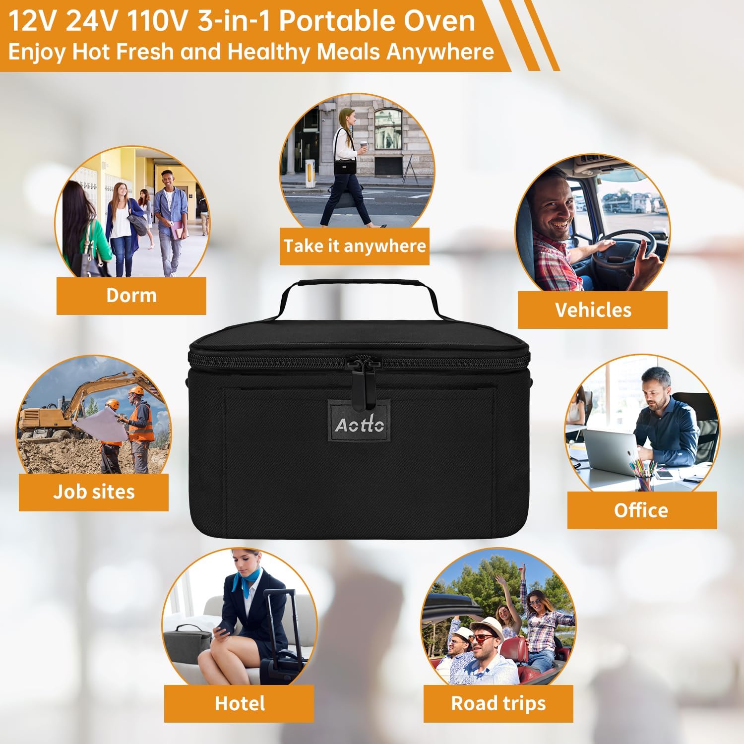 Aotto Portable Oven, Electric Lunch Box Food Heater - 12V/24V/110V 3-in-1 Car Food Warmer - Mini Personal Microwave Heated Lunch Box Warmer for Car, Truck, Travel, Office & Home Use - Black - Image 7