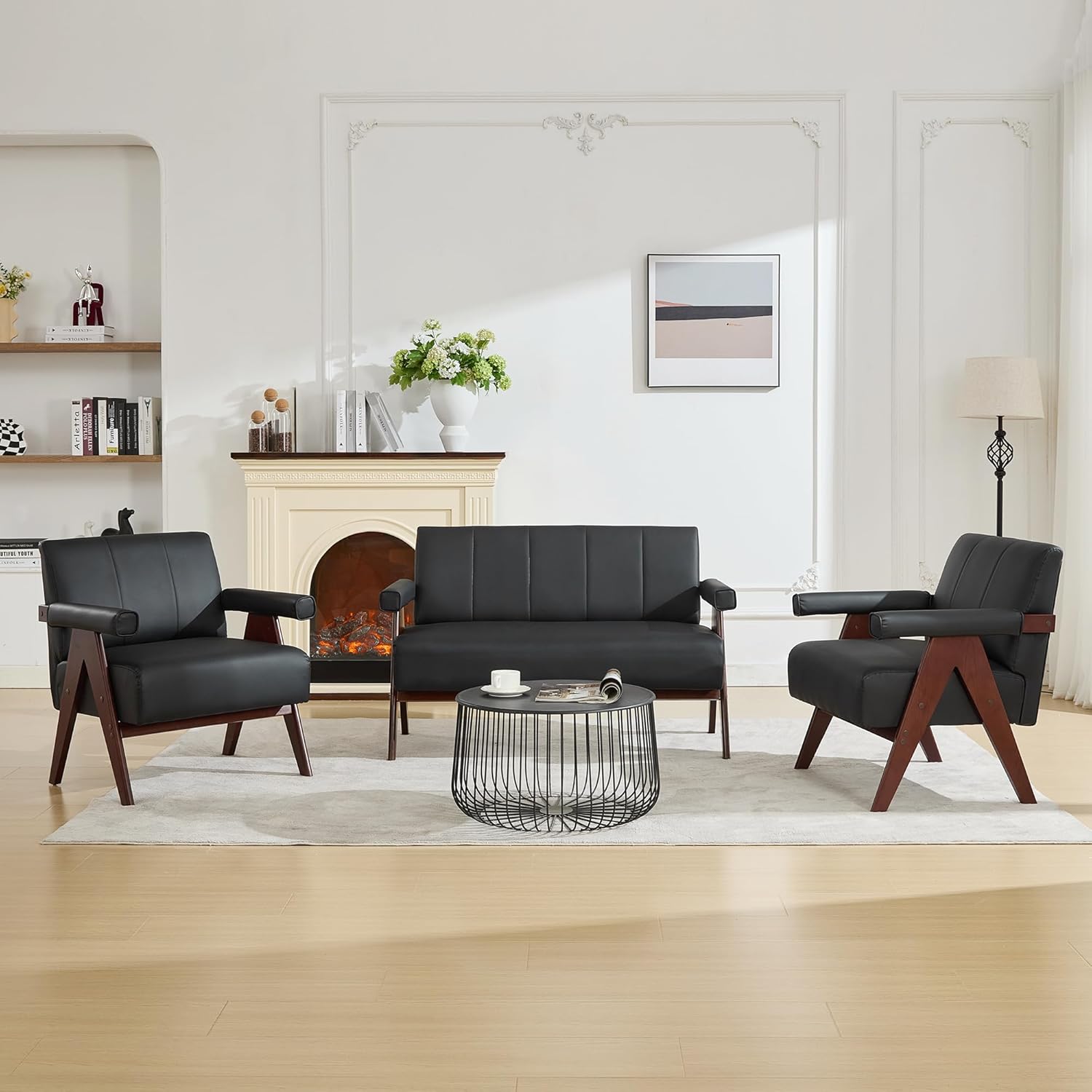 STHOUYN 50" Black Leather Sofa, Small Comfy Office Loveseat Couch with Back, Mid Century Modern Wooden Love Seat Bench Waiting Room Furniture Couches for Living Room, Bedroom - Image 6