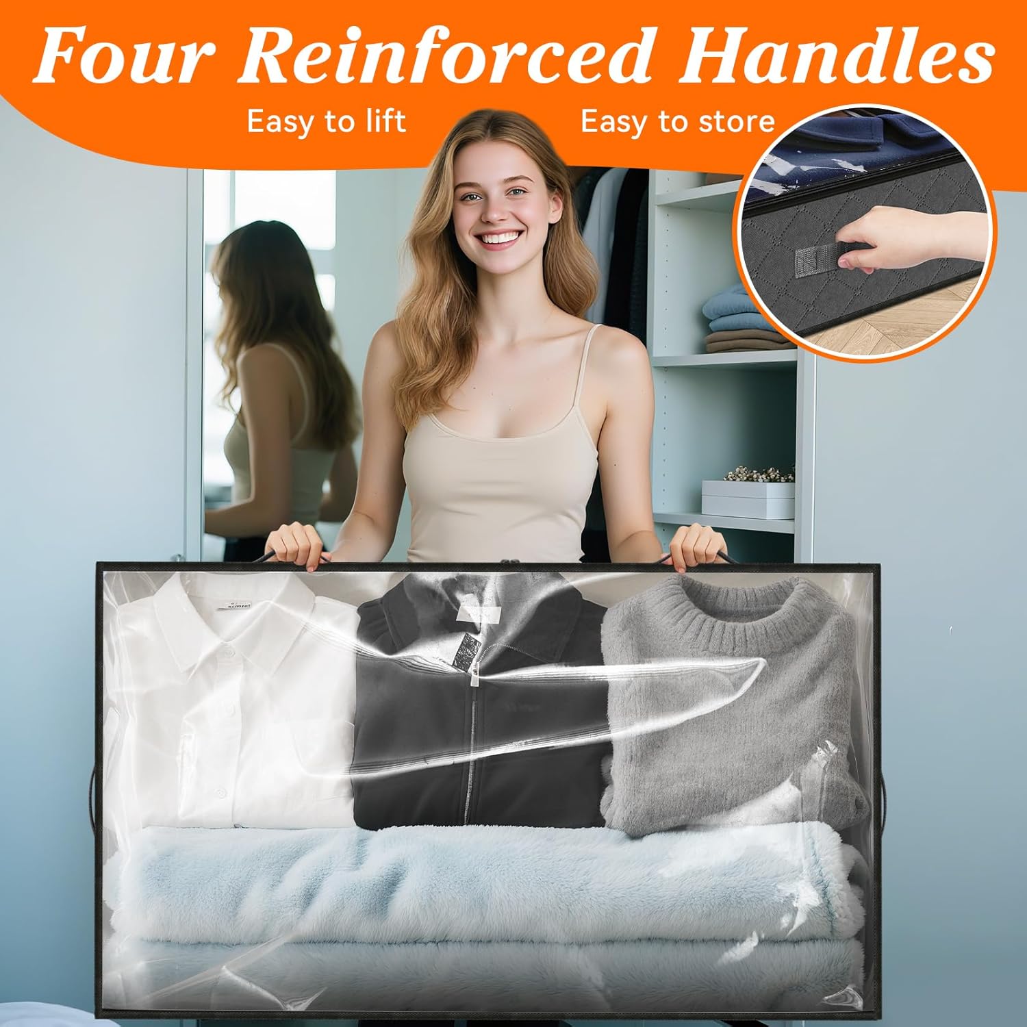 SpaceWhisper 90L Under Bed Storage Containers, 4-Pack Storage Bins with Clear Top, Foldable Closet Organizers and Storage with Label Holder for Clothing, Blankets, Comforter & Pillows (Grey) - Image 5