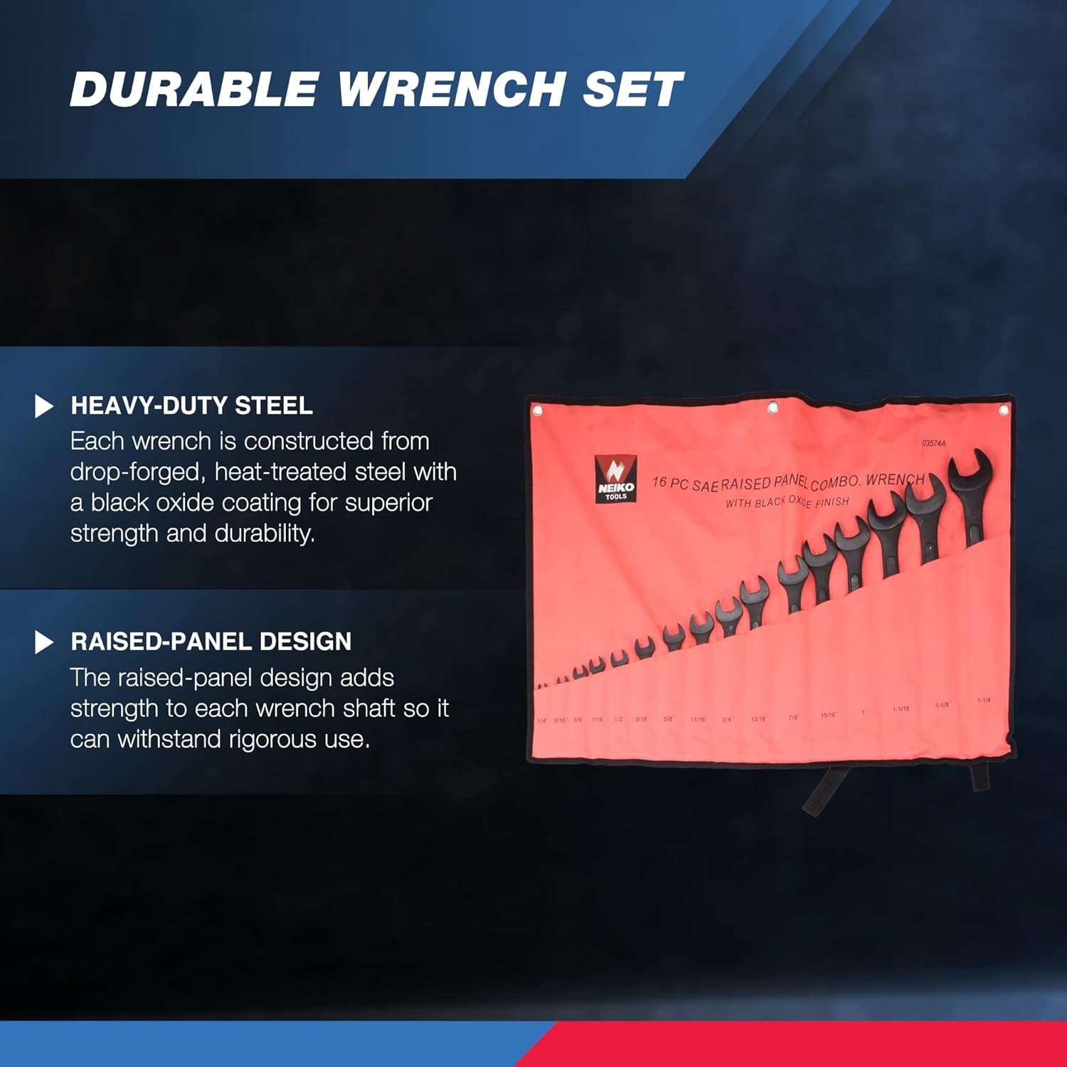 Neiko 03574A Jumbo Combination Wrench Set | 16 Piece | SAE | 1/4” to 1-1/4” | Raised Panel Construction - Image 2