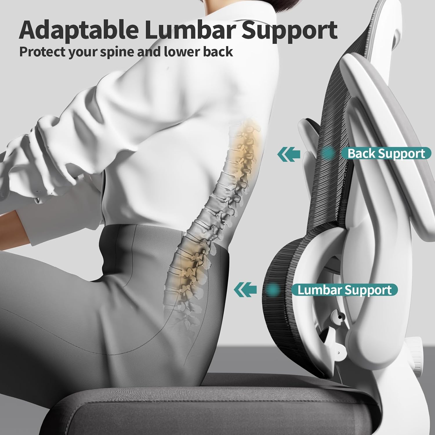 TRALT Office Chair - Ergonomic Desk Chair with Adjustable Lumbar Support, Mesh Computer Chair, Executive Chairs for Home Office Comfortable Lumbar Support (White) - Image 7
