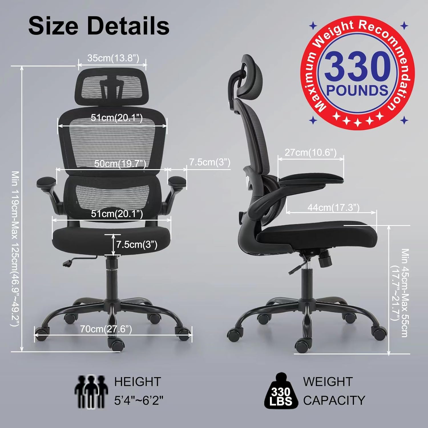 TRALT Office Chair Ergonomic Desk Chair, 330 LBS Home Mesh Office Desk Chairs with Wheels, Comfortable Gaming Chair, High Back Office Chair for Long Hours (Black) - Image 2
