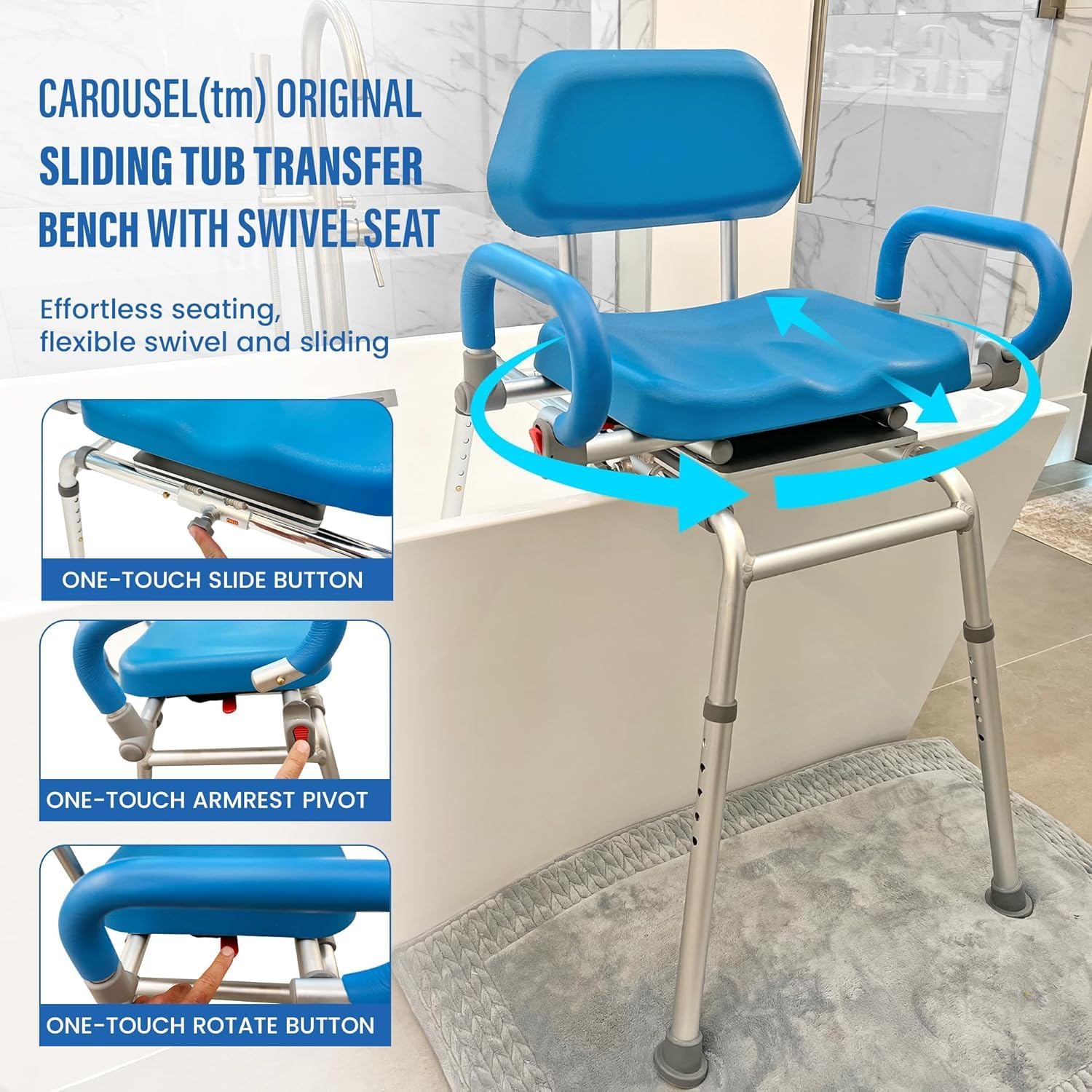 Platinum Health Carousel Sliding Shower Chair Tub Transfer Bench with Swivel Seat, Premium Padded, Pivoting Arms, Adjustable Space Saving Design for Tubs, Inside Shower, for Handicap & Seniors, Blue - Image 3