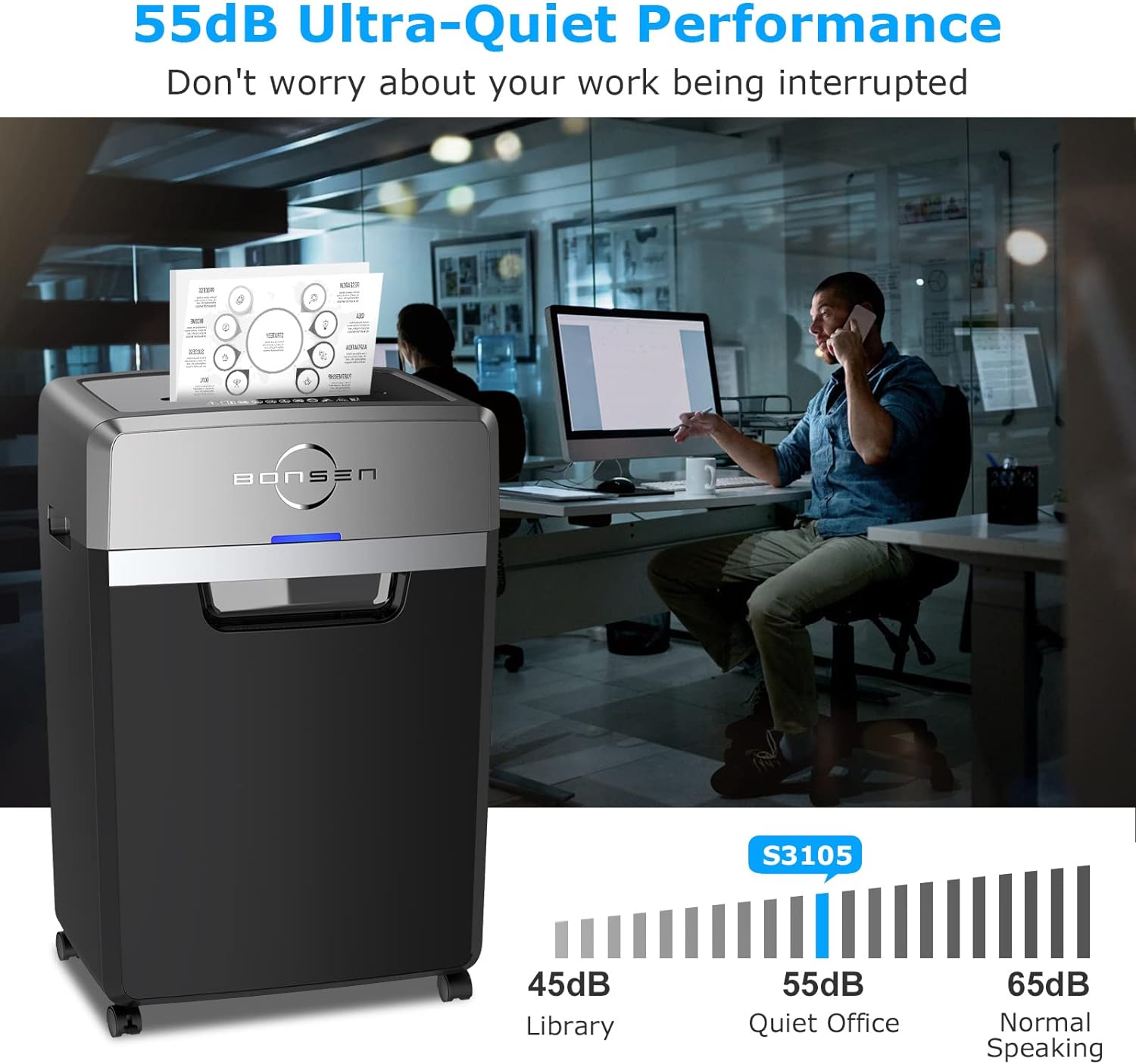 BONSEN Heavy Duty Paper Shredder, 24-Sheet Cross-Cut Shredder, 40-Min Continuous Running Time, Commercial Grade Shredder for Office, 9-Gallon Big Basket, 55dB Super Quiet, P-4 High Security (S3105) - Image 6