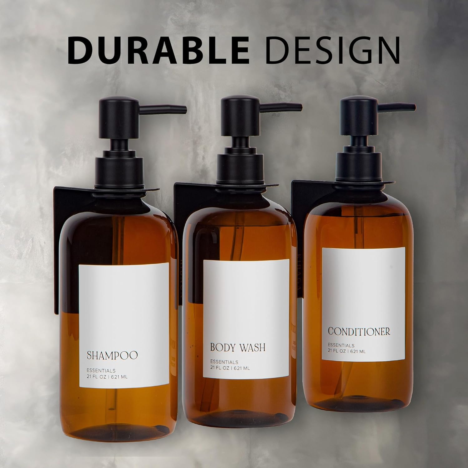 Stylish Shampoo and Conditioner Dispenser Set of 3 for Wall Mount - Modern Drill Free 21oz Shower Soap Bottles with Labels - Easy Refill Body Wash Dispensers for an Instant Bathroom Decor Upgrade - Image 9