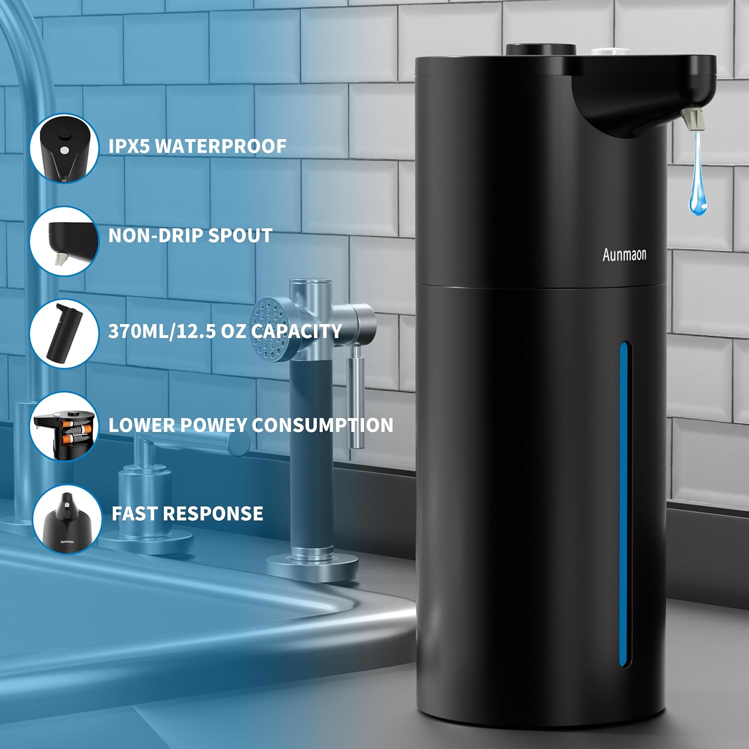 Aunmaon Automatic Soap Dispenser Touchless, Hands-Free, Multi Adjustable Volume, Long Battery Life, Compatible with Thick & Thin Dish/Hand Soap for Bathroom and Kitchen, Easy for Toddlers, Black - Image 4