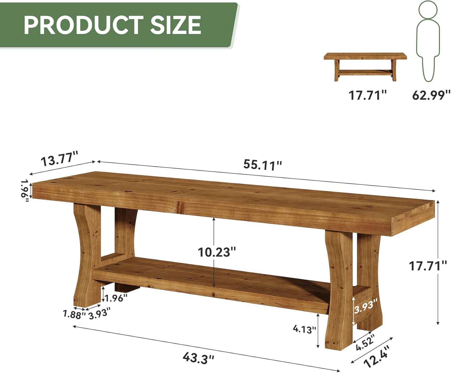 Solid Wood Entryway Bench, 55" End of Bed Bench, Long Indoor Dining Seat for Hallway, Bedroom, Living Room, Dining Room, Easy Assembly, Brown - Image 2