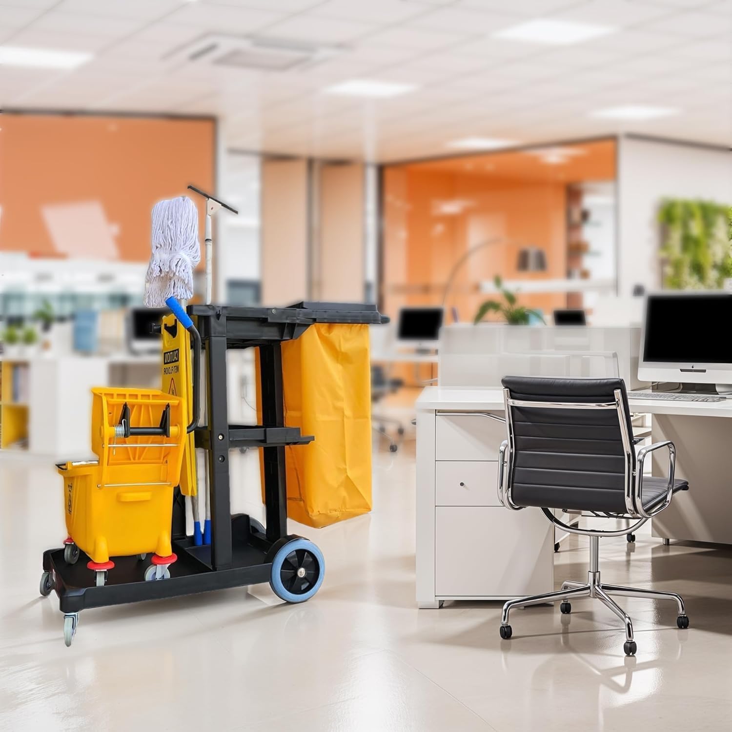 Simpli-Magic Commercial Cleaning Cart with Waste Bag & Lid, Janitorial Utility Cart with 3 Shelves, Mop & Broom Holders, 330 lb Capacity, Yellow/Grey - Image 2