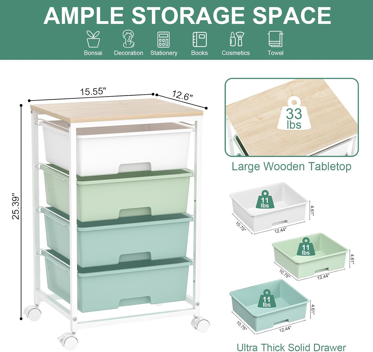 Utility Cart with 4 Drawers,Rolling Storage Cart with Drawers,Storage Rolling Drawer Cart with Wooden Tabletop for Bedroom,Kid's Room,Dorm,Classroom,Office,Green - Image 3