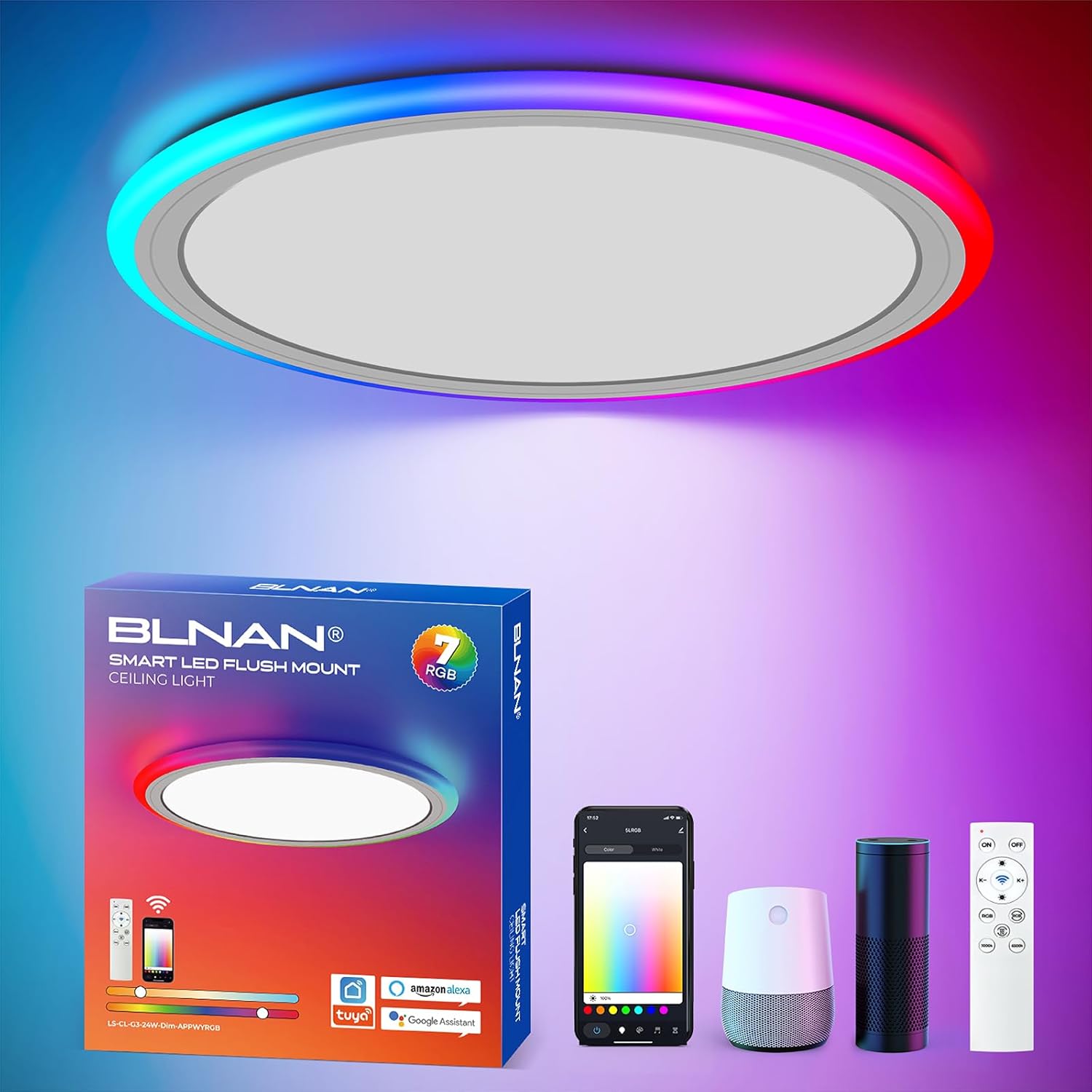 BLNAN Smart RGB LED Flush Mount Ceiling Light with Remote, 13 Inch 24W Dimmable Color Changing Low Profile Wired White Fixture, Works with Alexa Google Home App for Bedroom Living Kids Room Party - Image 9