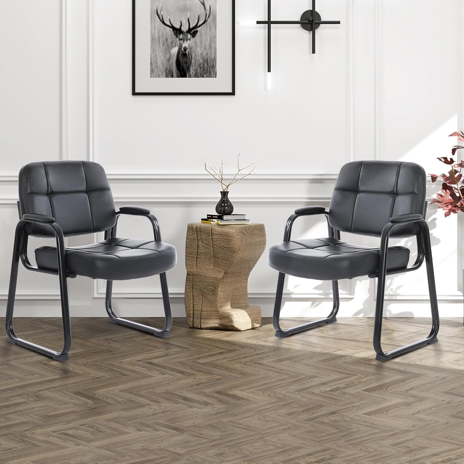 CLATINA Big & Tall Waiting Room Guest Chair with Bonded Leather Padded Arm Rest and Sled Base for Office Reception Lobby and Conference Desk, Black(4 Pack) - Image 9